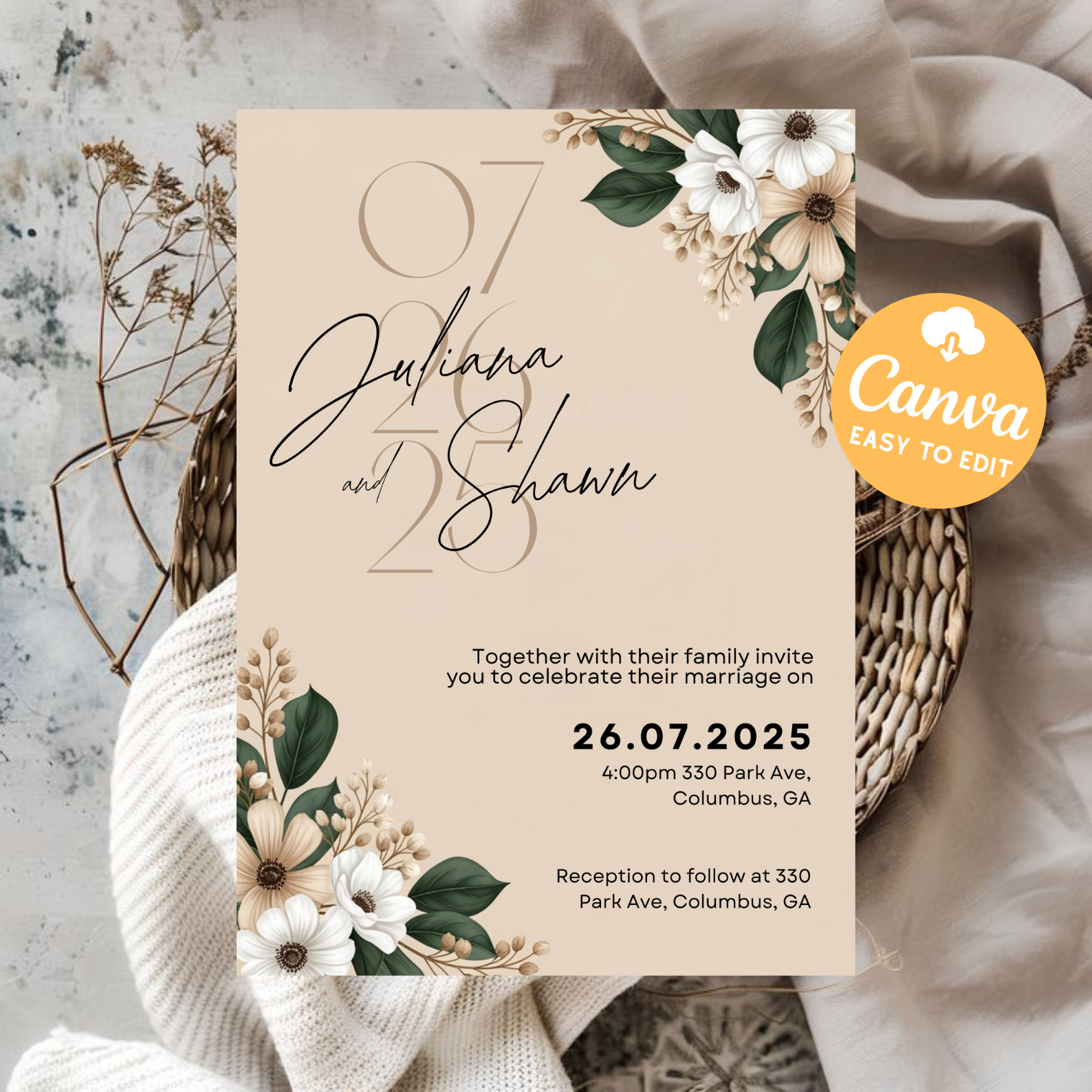 Boho Wedding Invitation in Spanish | Printable Arch Wedding Invitation Template | Canva Instant Download