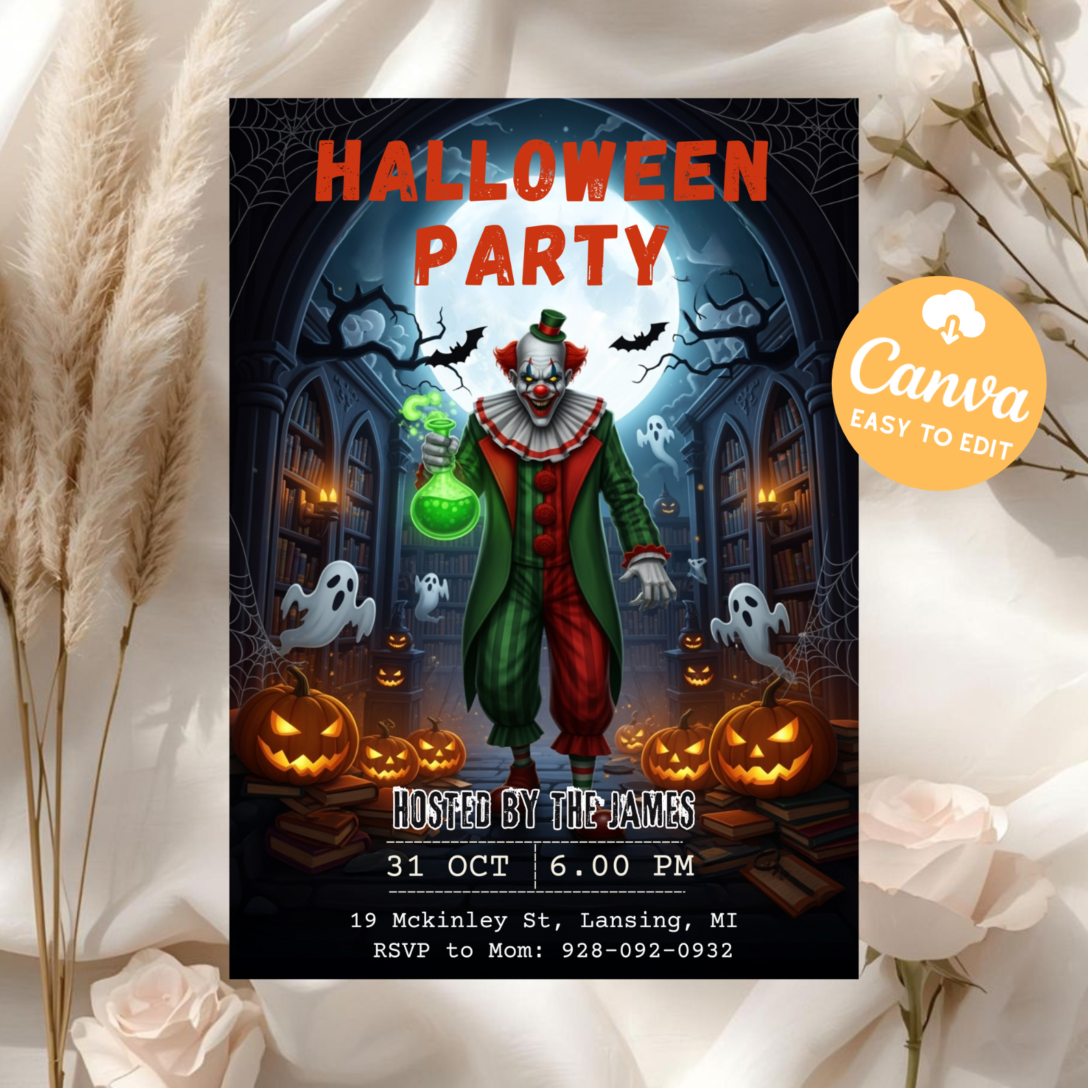 Halloween Party Invitation Template | Haunted House Party Invite | Spooky Ghost Costume Card | Gothic Horror Birthday Evite | DIY Canva Printable