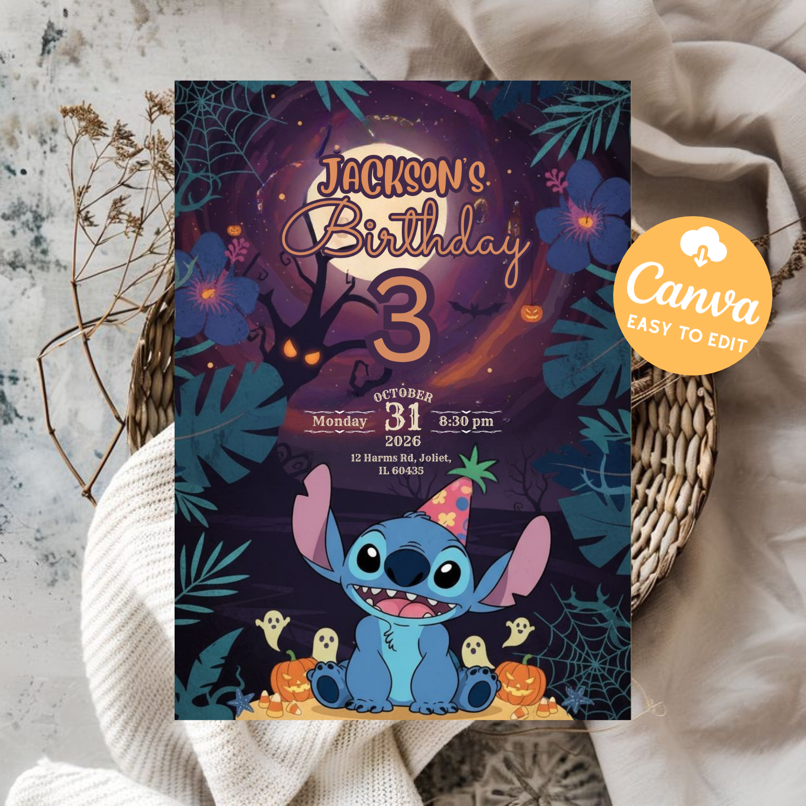 Editable Stitch Birthday Invitation Template | Kids Party Invite | Digital Download Printable | Cartoon Bday Invitation