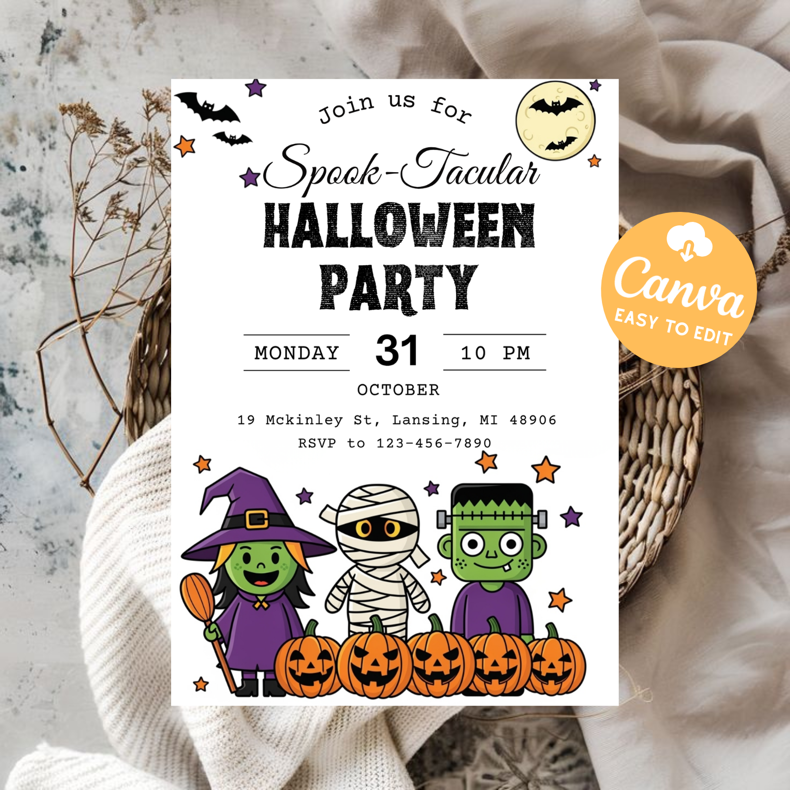 Editable Halloween Party Invitation | Party Invitation Template | Spook-Tacular Kids Costume Invite | Printable Digital Download