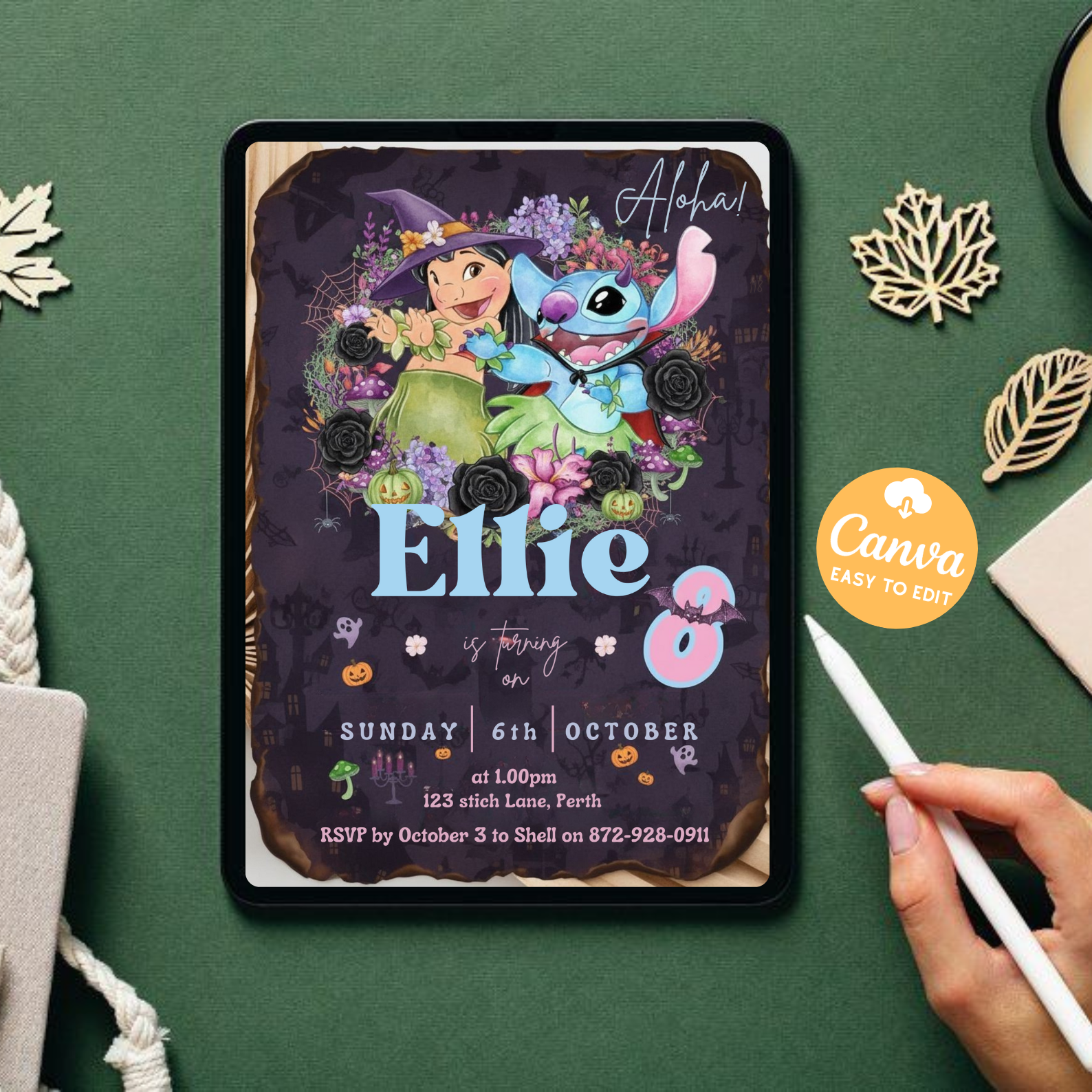 Editable Stitch Birthday Invitation for Girls | Lilo and Stitch Tropical Party Invite | Cute Aloha Hawaiian Beach Invitation | Canva Template Download