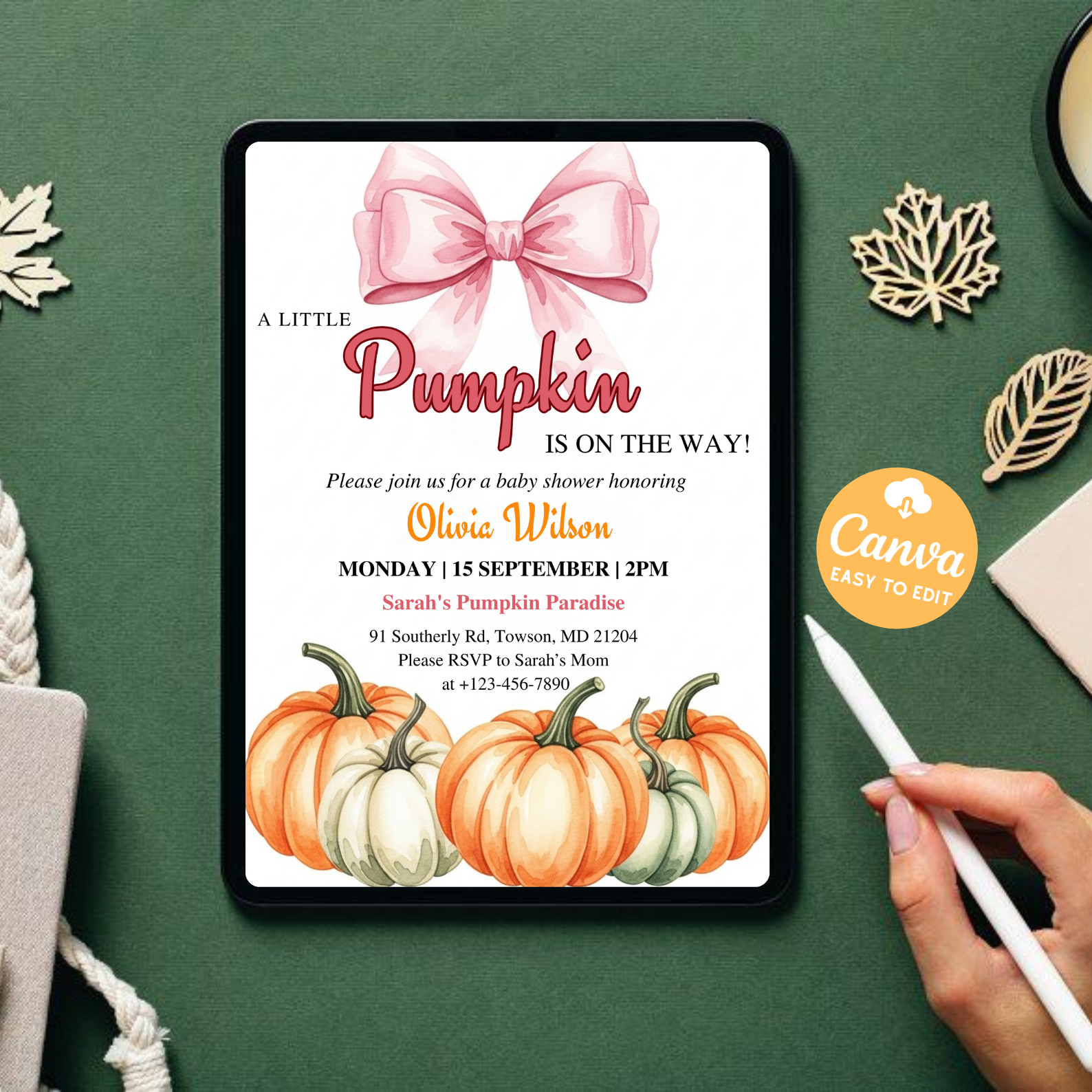 Pumpkin Baby Shower Invitation | Pink Bow Fall Coquette Theme | Baby Girl Shower Invite | Editable Canva Template | Digital Download