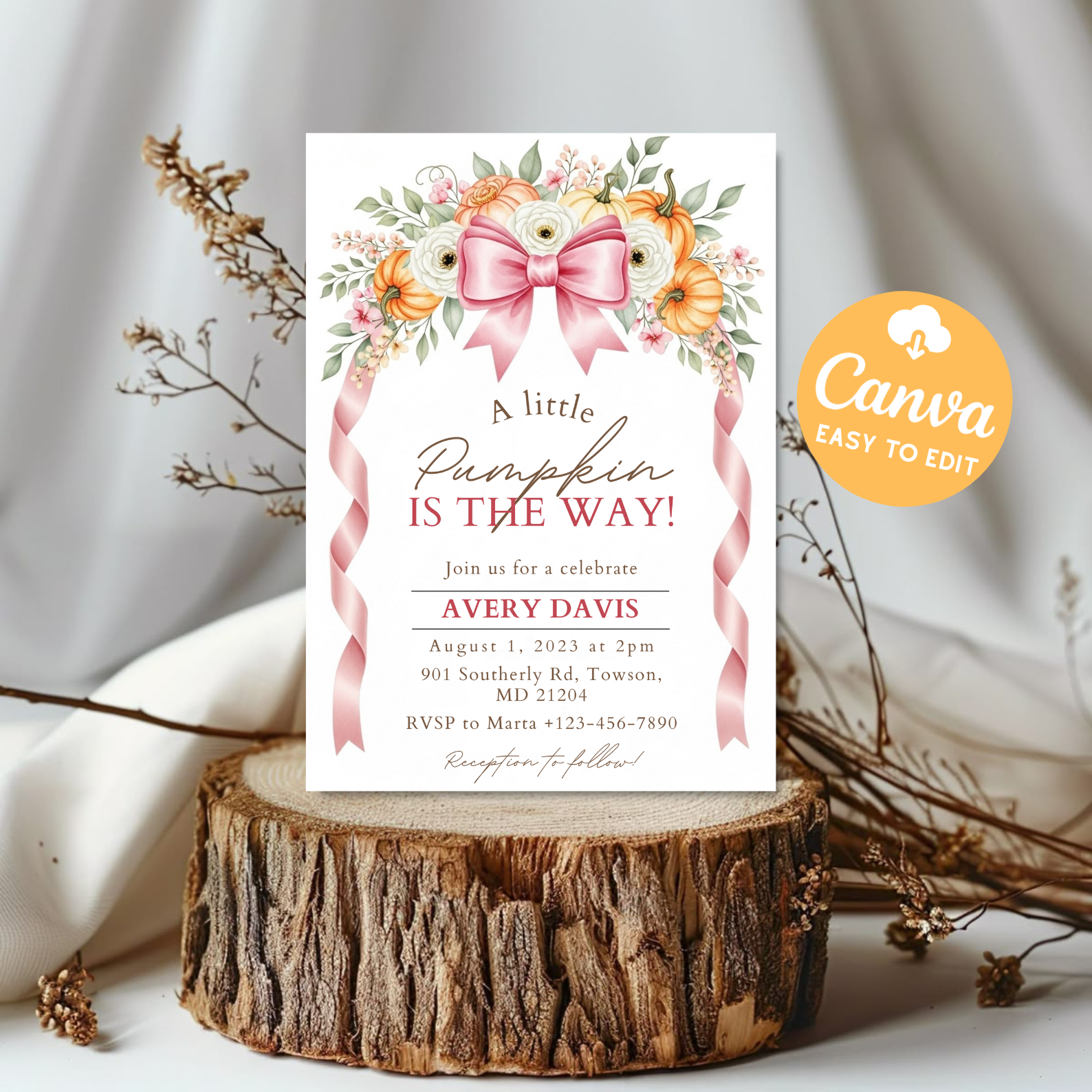 Pink Little Pumpkin Baby Shower Invitation | Girl Fall Floral Baby Shower Invite | Bow Pumpkin Party Card | Editable Canva Template Printable