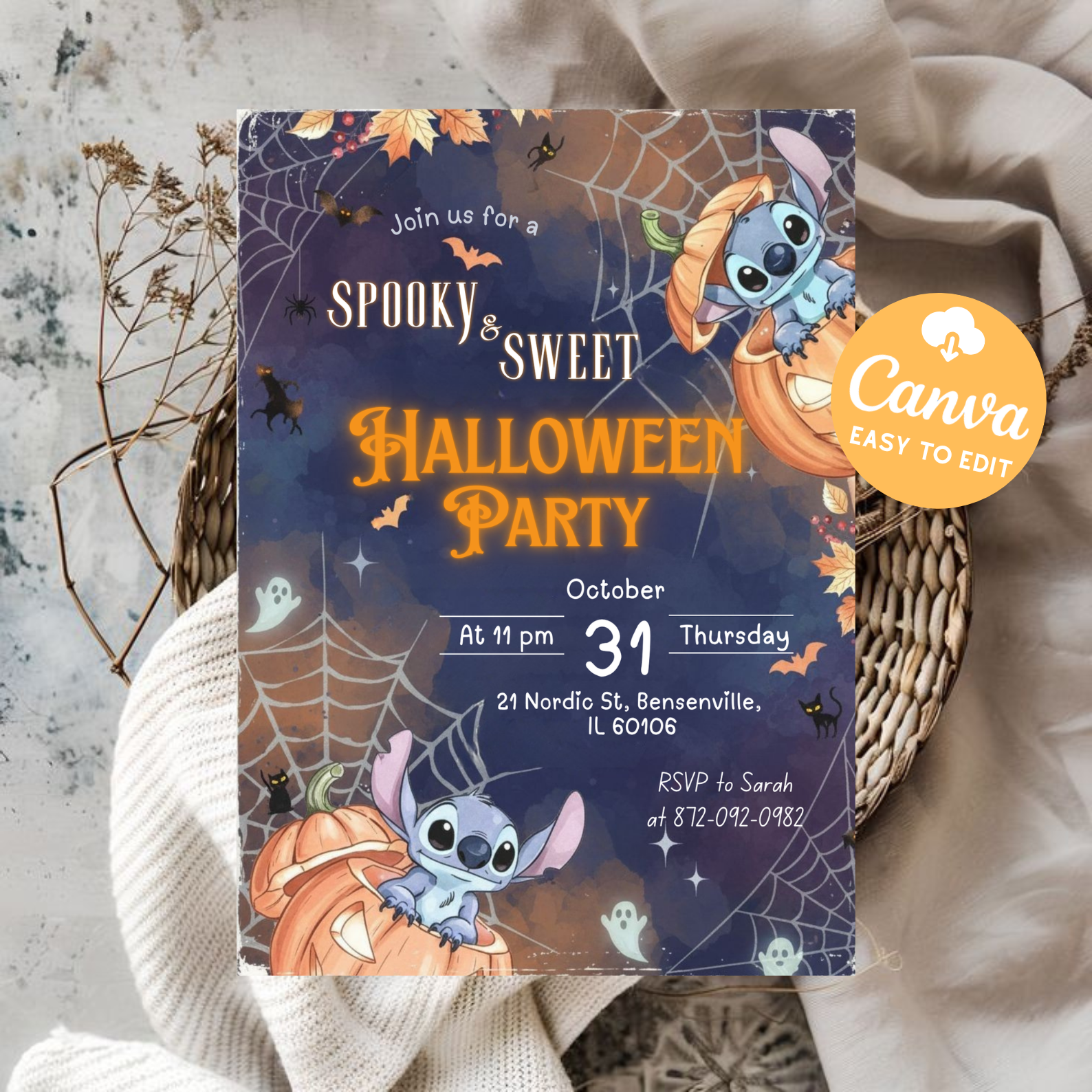 Pumpkin Stitch Halloween Party Invitation | Editable Canva Template | Kids Birthday Invite | Digital Download Printable