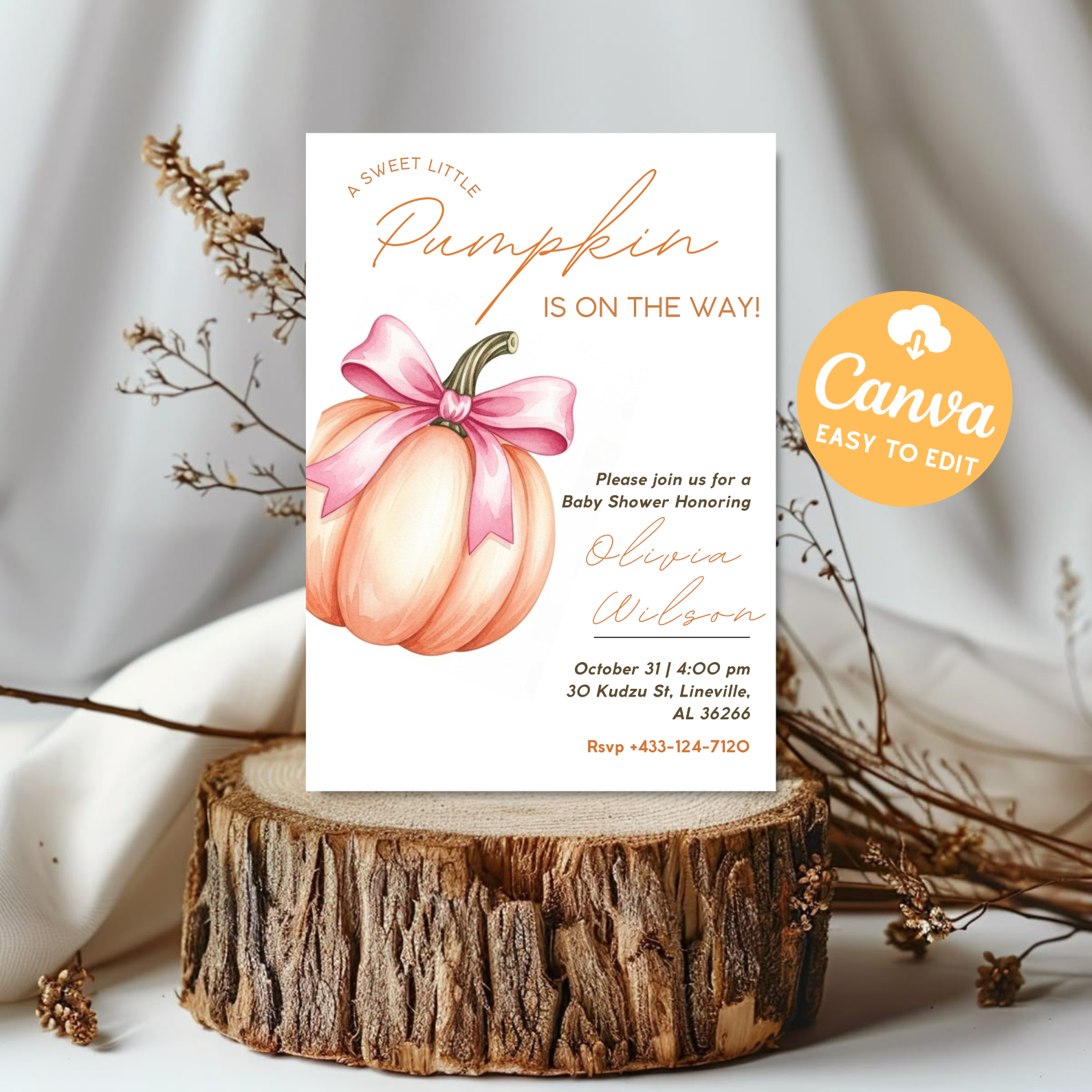 Editable Sweet Little Pumpkin Baby Shower Invitation Bundle | Pink Bow Baby Shower Invite Set | Fall Orange Pumpkin Invitation Template Printable