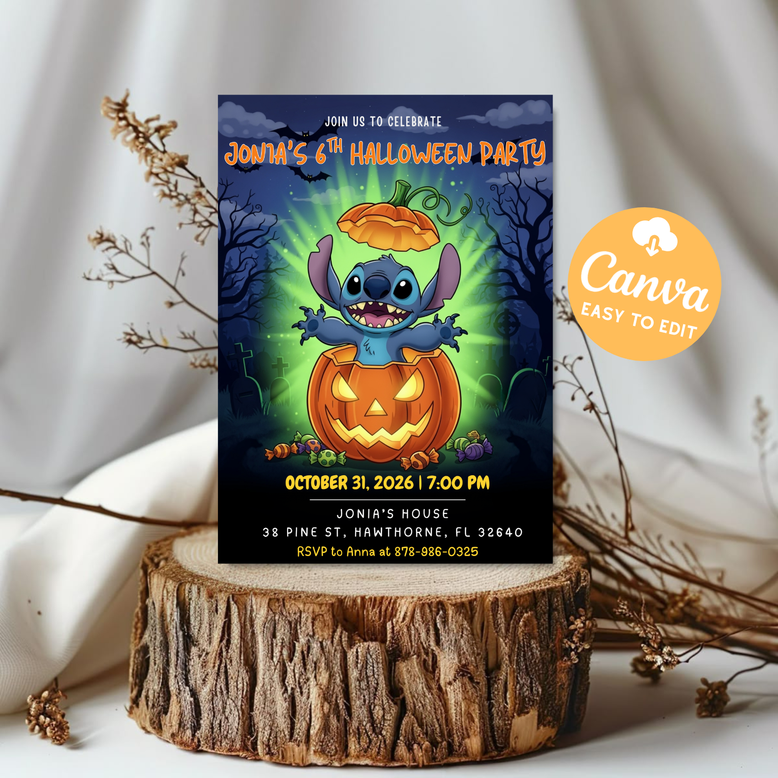Spooky Stitch Halloween Birthday Invitation | Kids Party Evite Card | Editable Canva Template | Haunted House Digital Download