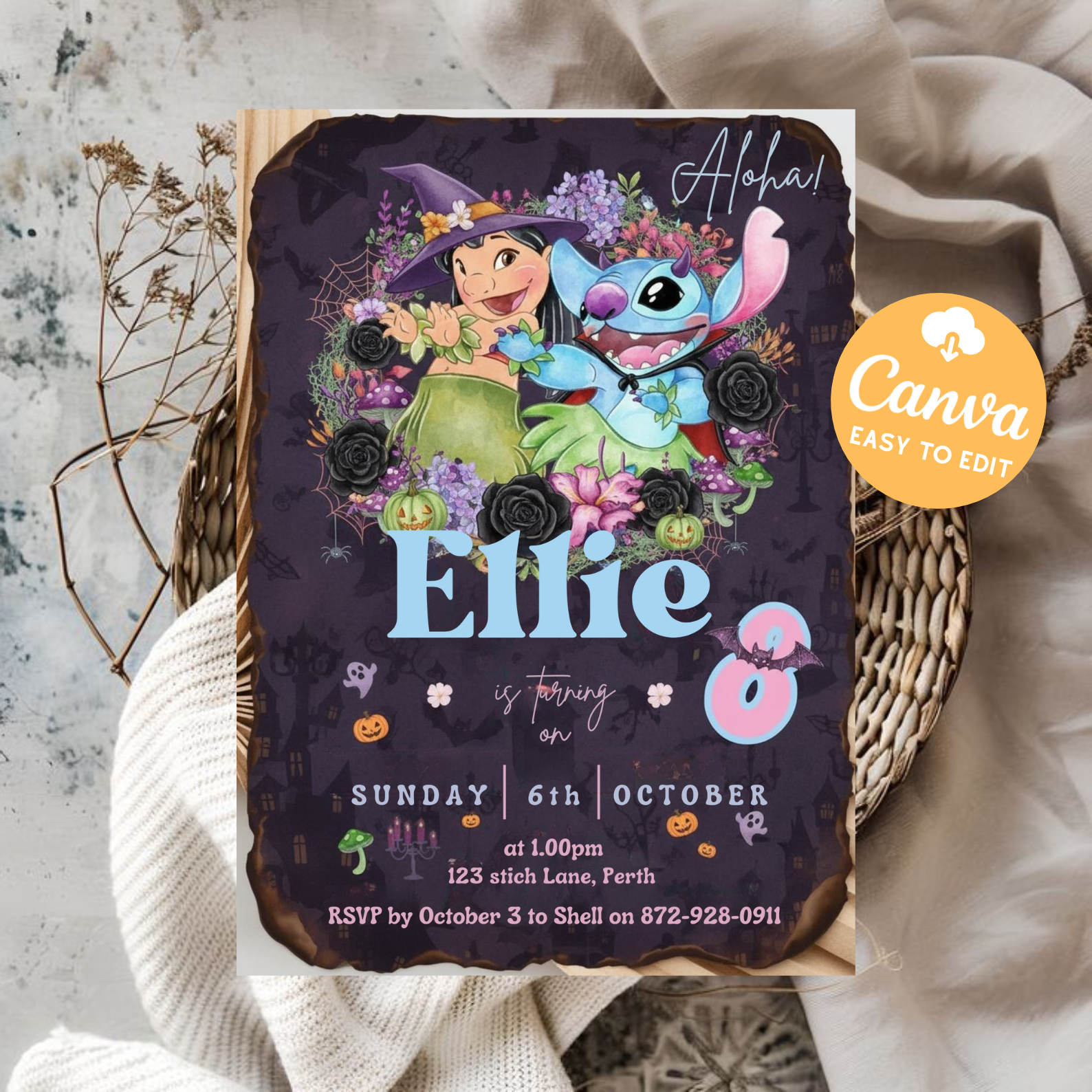 Editable Stitch Birthday Invitation for Girls | Lilo and Stitch Tropical Party Invite | Cute Aloha Hawaiian Beach Invitation | Canva Template Download
