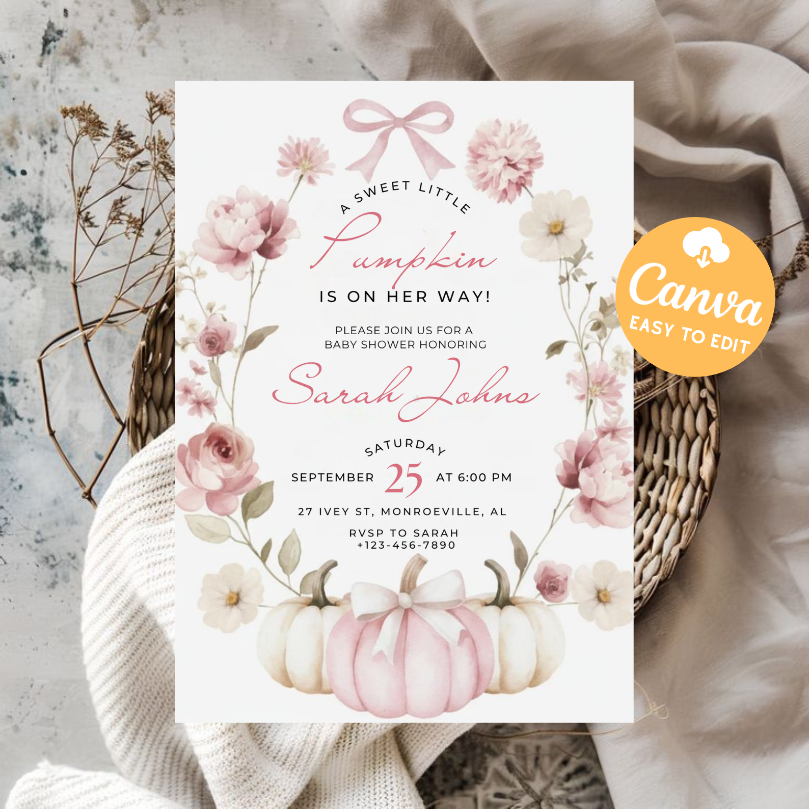 Little Pumpkin Baby Shower Invitation | Pink Pumpkin Girl Baby Shower Invite | Boho Floral Coquette Bow Theme | Editable Canva Template Printable