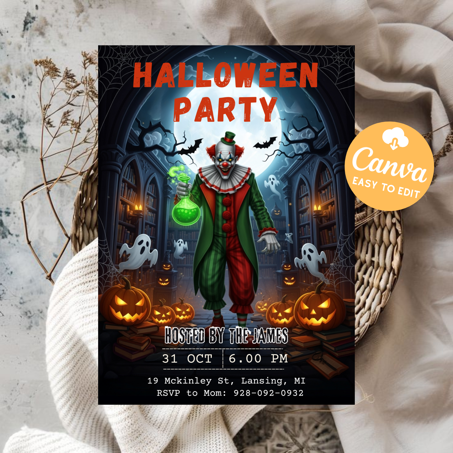 Halloween Party Invitation Template | Haunted House Party Invite | Spooky Ghost Costume Card | Gothic Horror Birthday Evite | DIY Canva Printable