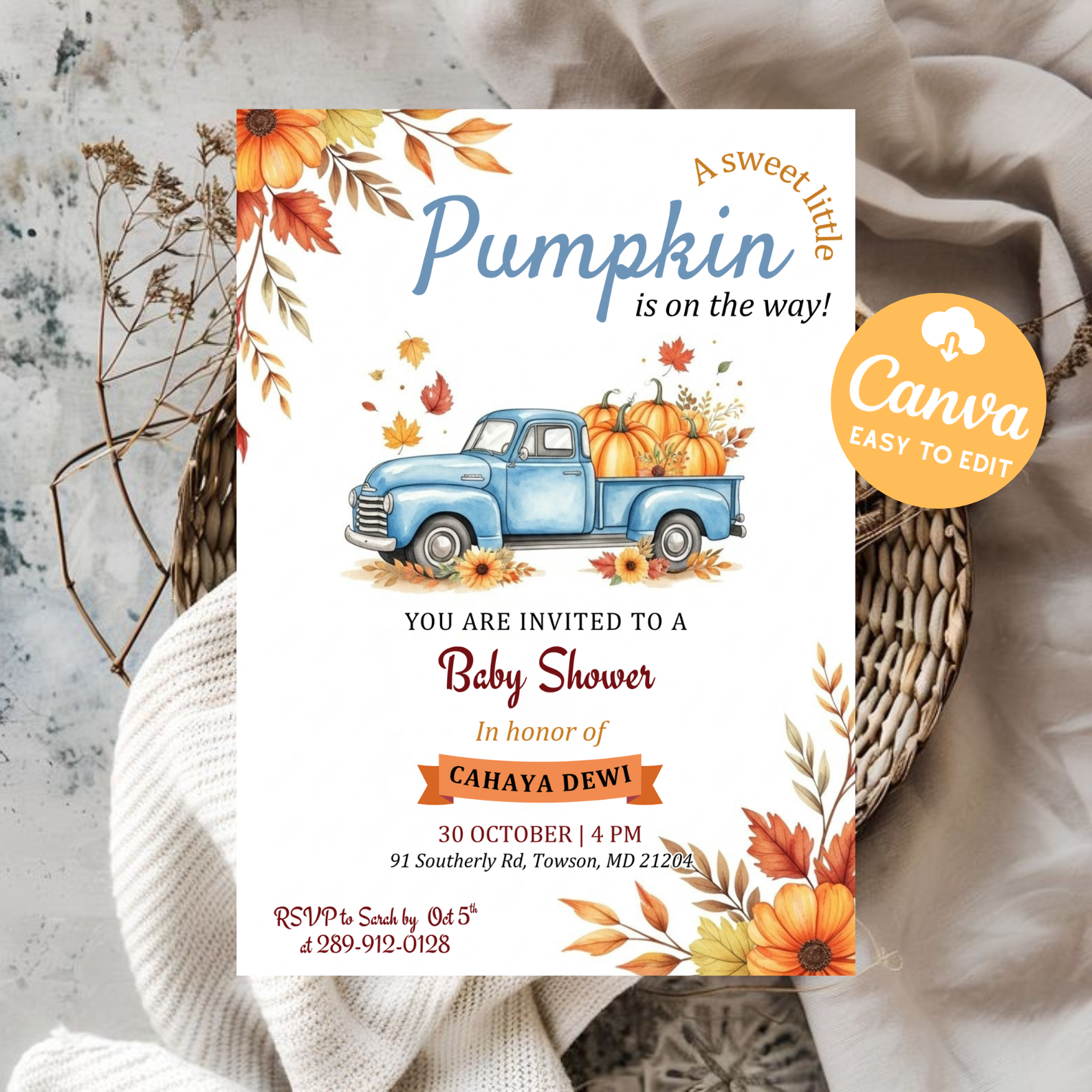 Blue Truck Little Pumpkin Baby Shower Invitation | Fall Autumn Baby Shower Invite | Editable Canva Template | Printable Digital Download