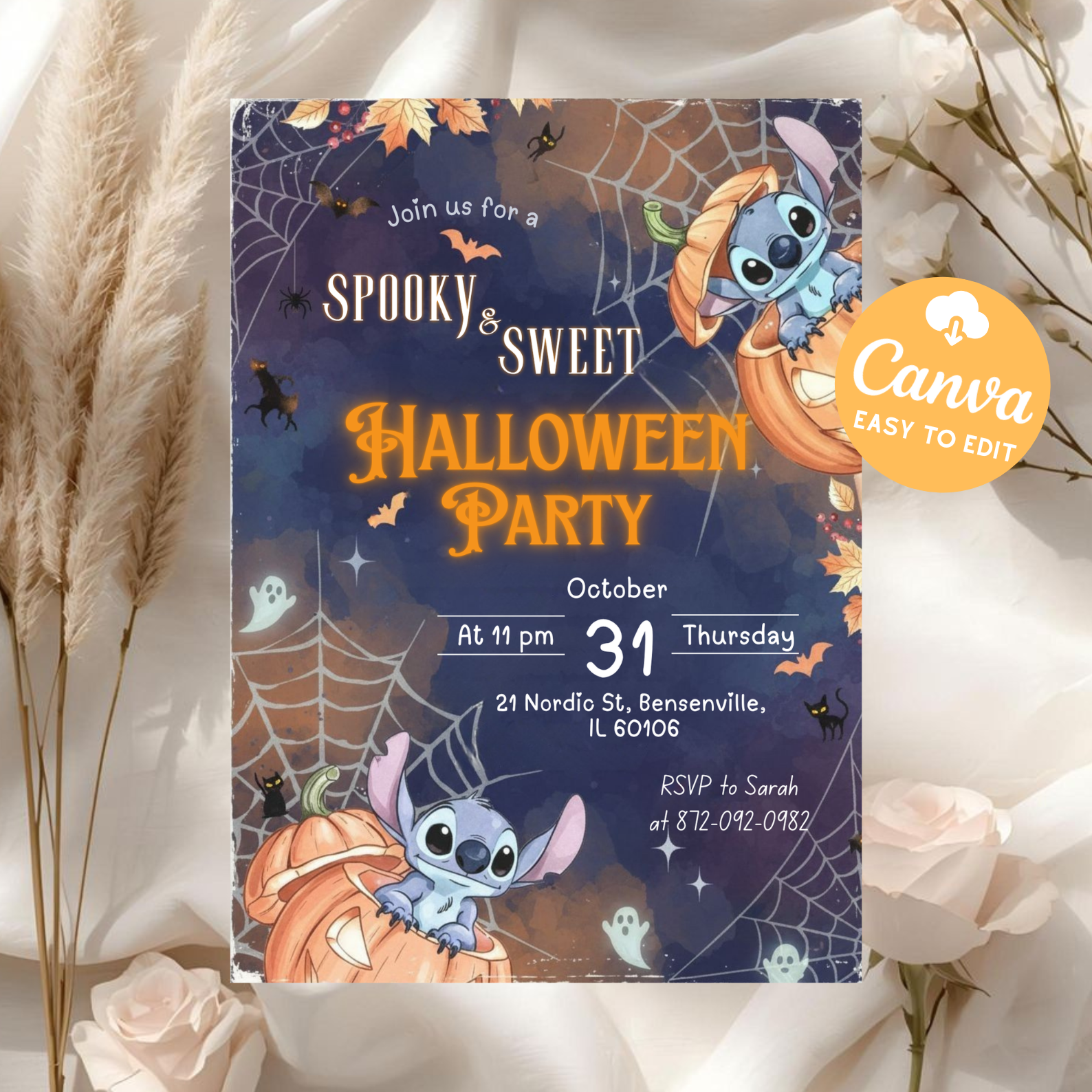 Pumpkin Stitch Halloween Party Invitation | Editable Canva Template | Kids Birthday Invite | Digital Download Printable