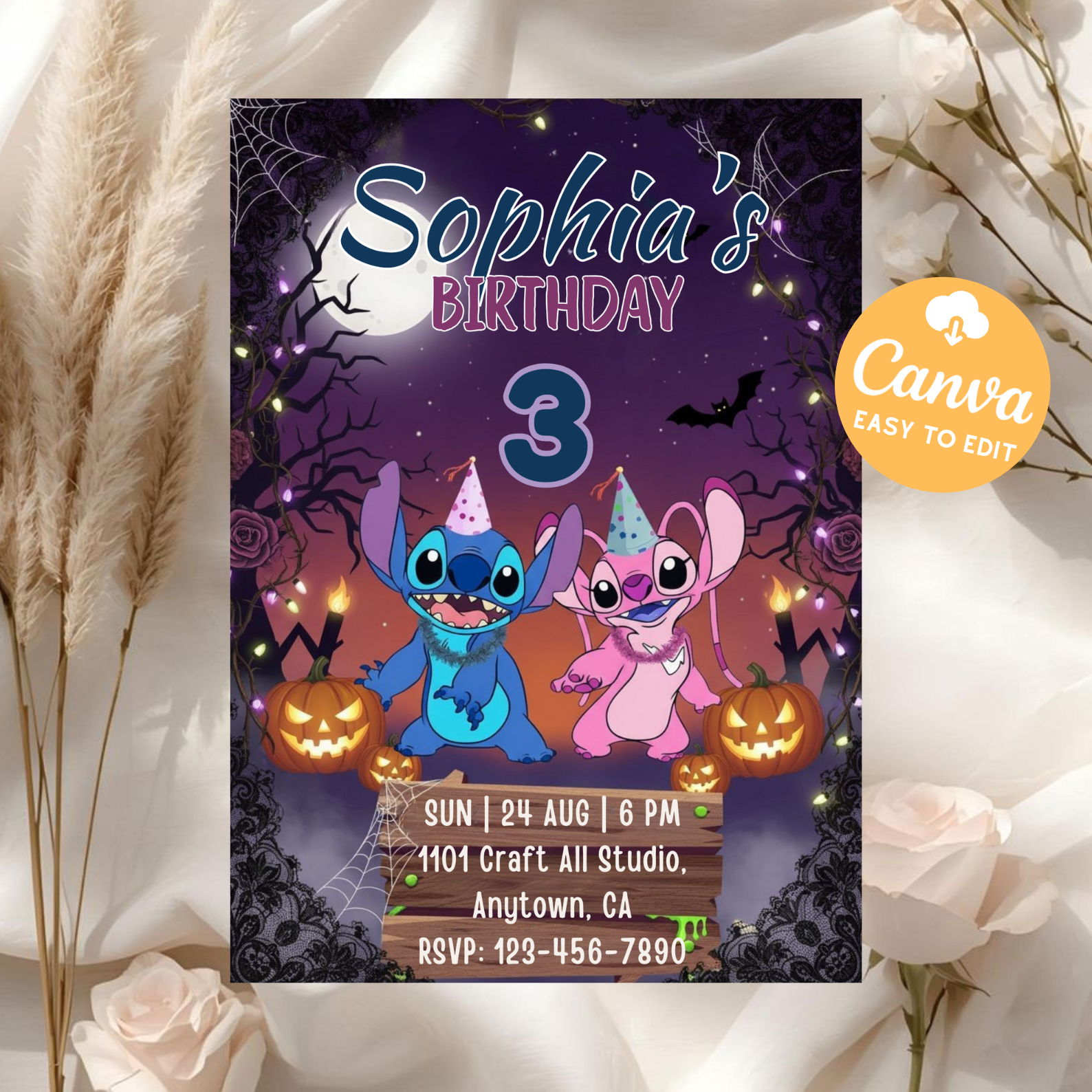 Stitch and Angel Birthday Invitation | Lilo and Stitch Party Invite | Hawaiian Stitch Birthday Girl Card | Kids Birthday Printable Template