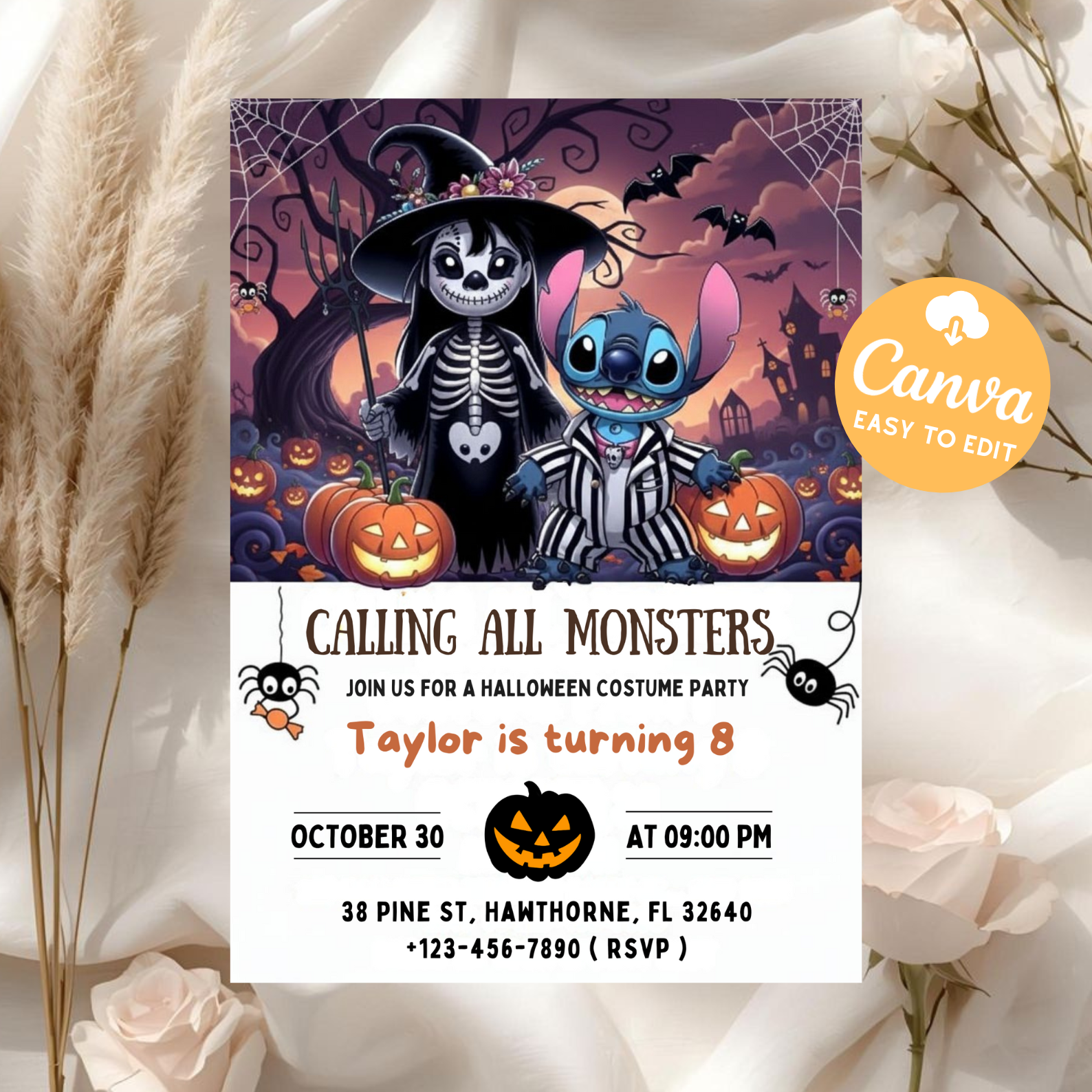 Editable Halloween Stitch and Lilo Invitation | Kids Costume Party Invite | Canva Template | Digital Download Printable