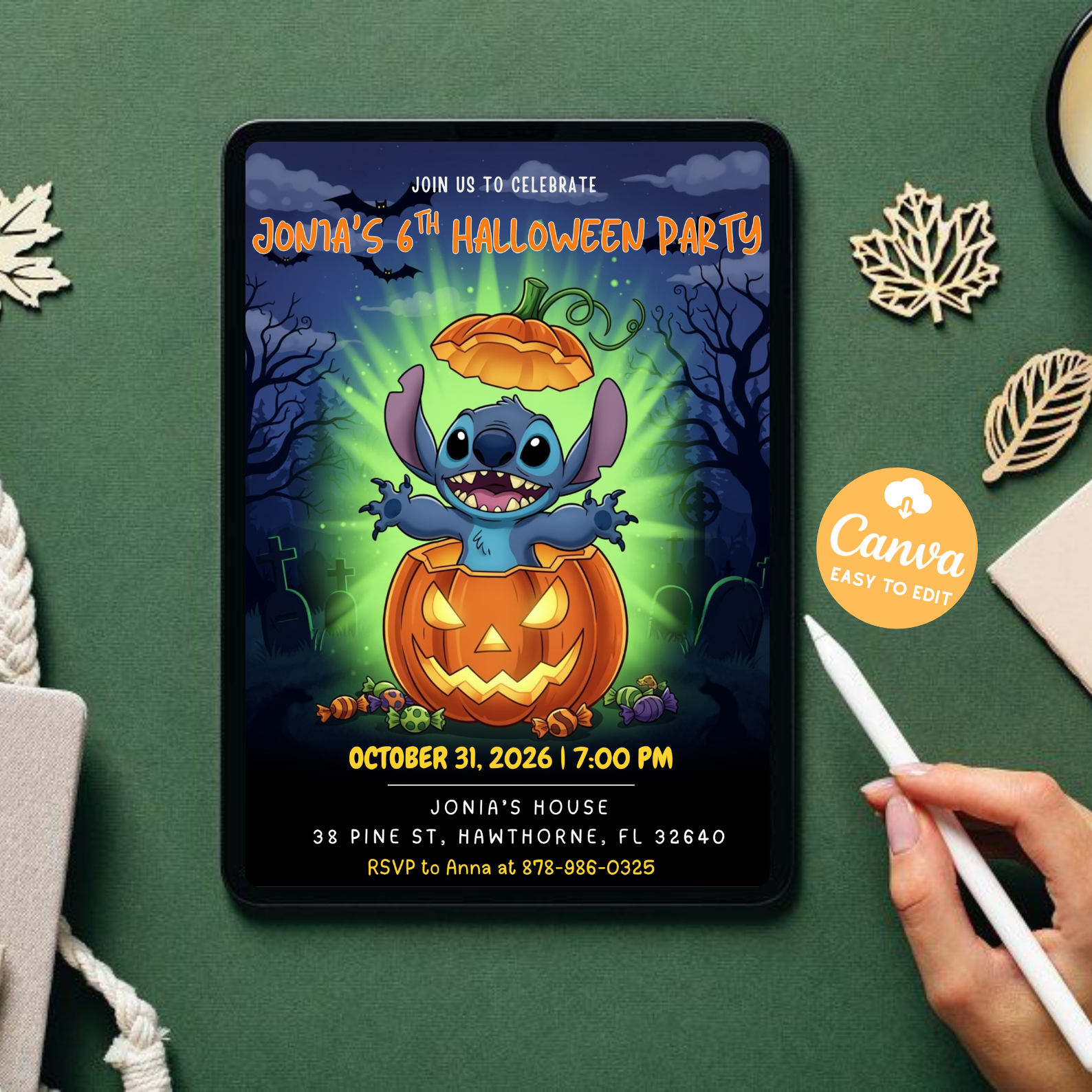 Spooky Stitch Halloween Birthday Invitation | Kids Party Evite Card | Editable Canva Template | Haunted House Digital Download