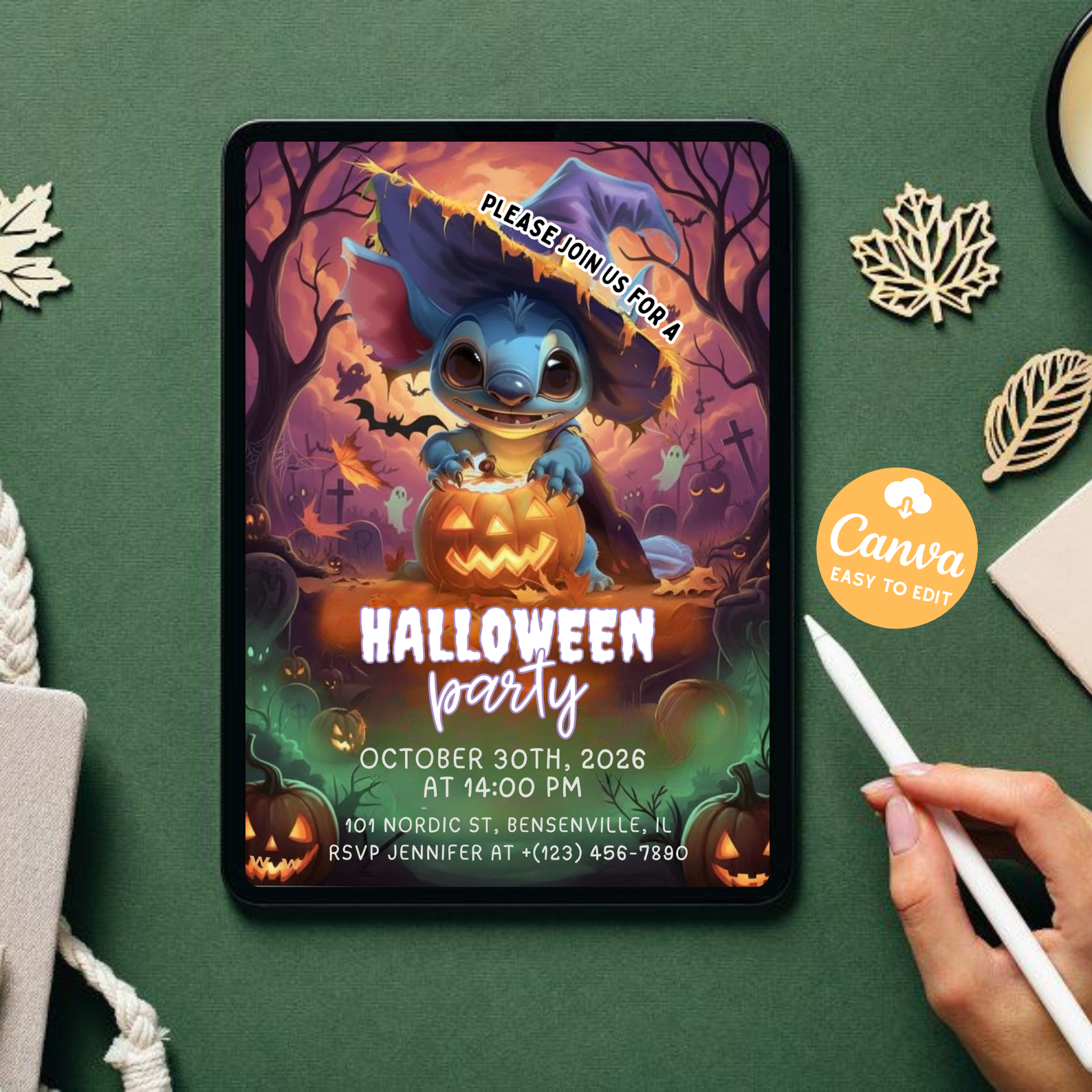 Editable Stitch Halloween Birthday Invitation | Canva Editable Party Invite | Lilo and Stitch Angel Kids Birthday Invitation
