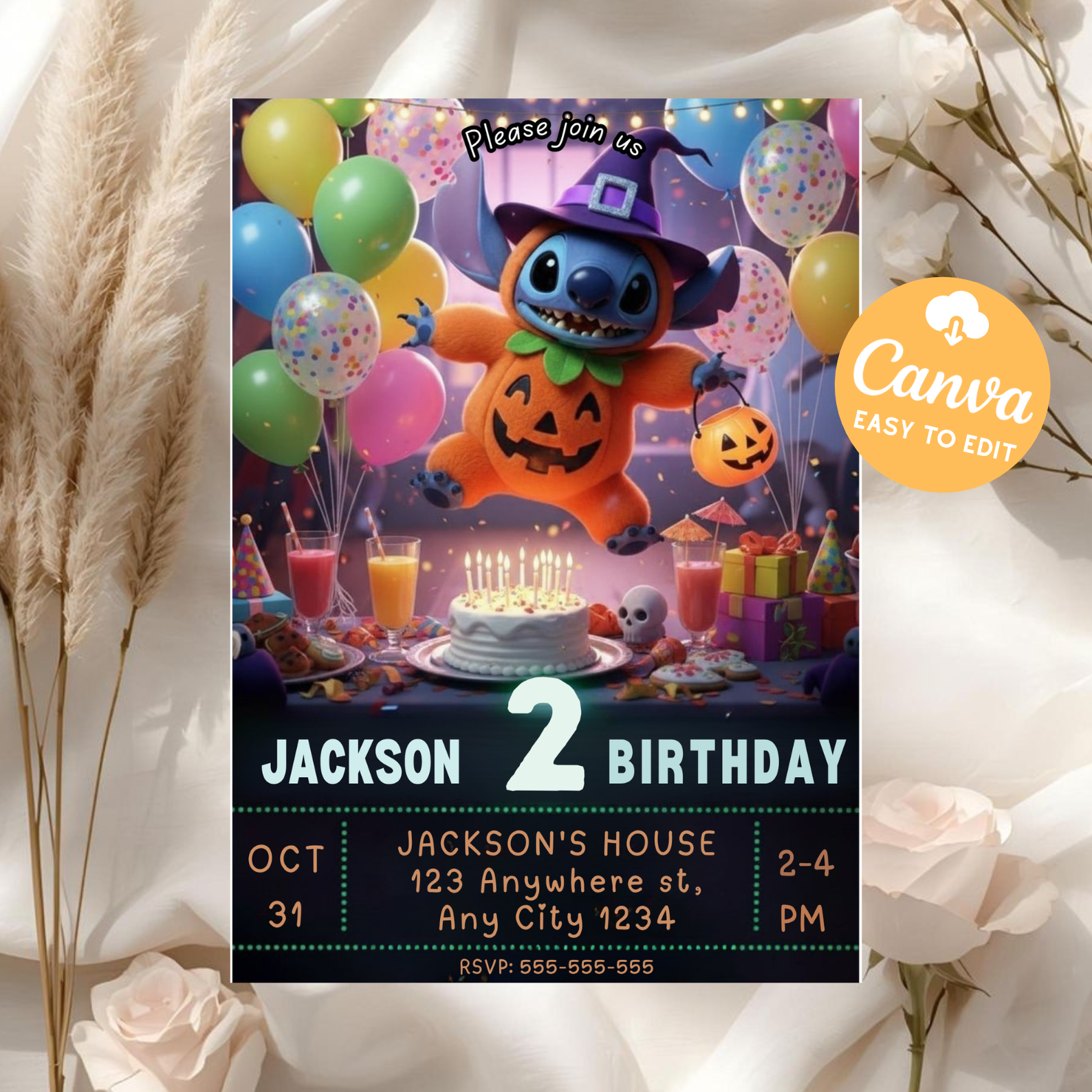 Editable Stitch Halloween Birthday Invitation | Lilo and Stitch Spooky Party Invite | Kids Birthday Canva Template | Digital Download Printable