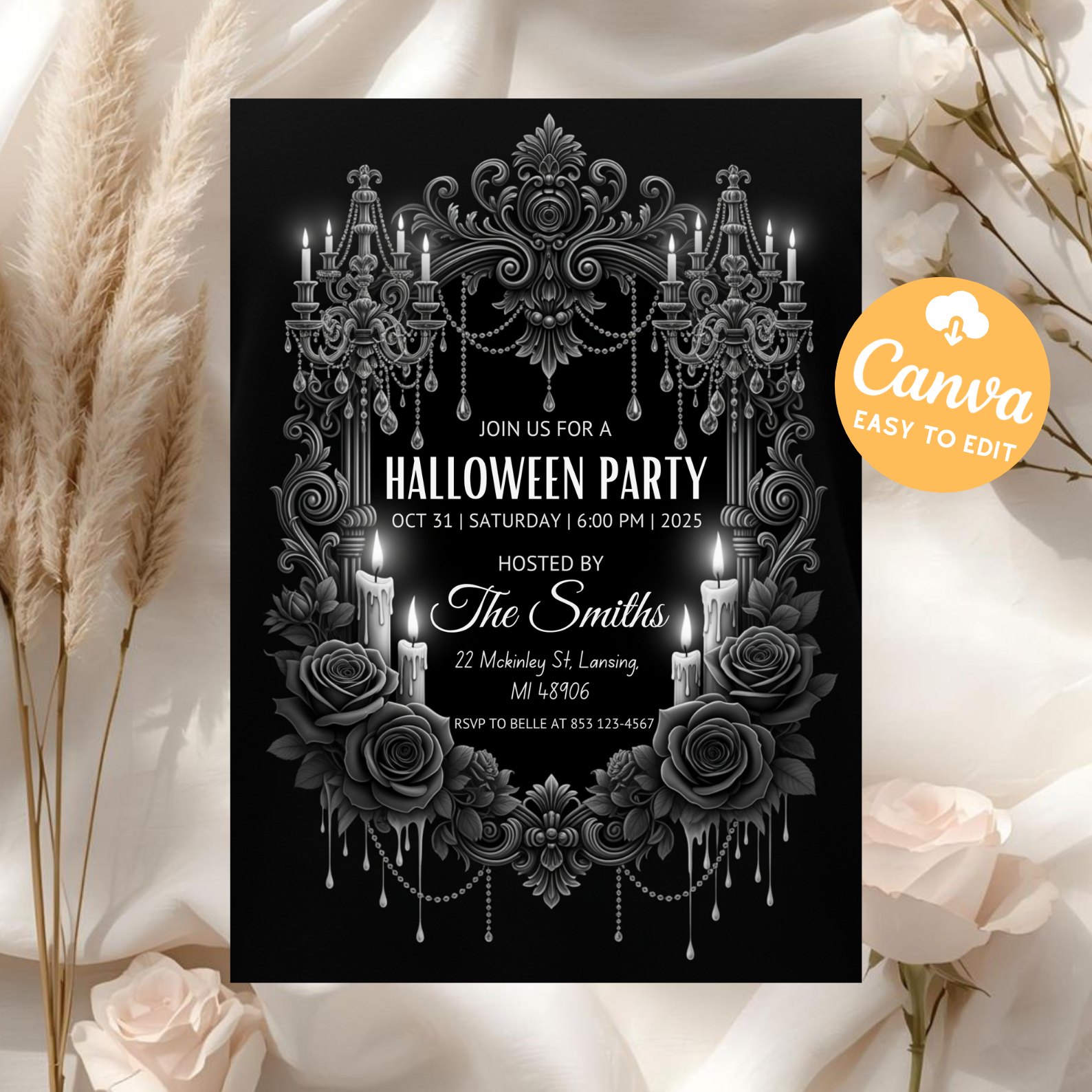 Gothic Skull Halloween Party Invitation | All Black Editable Canva Template | Dark Gothic Birthday Party Invite | Printable Digital Download