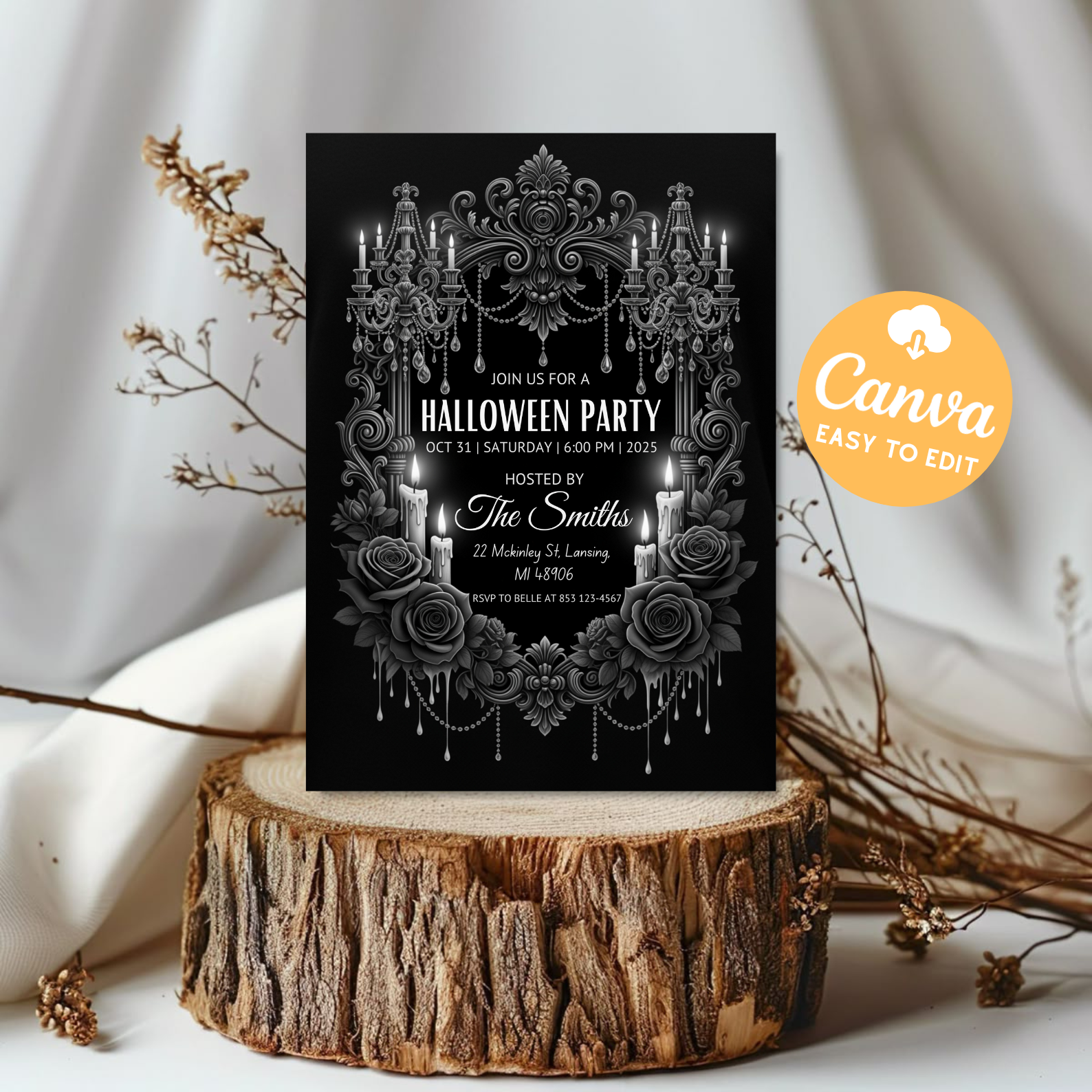 Gothic Skull Halloween Party Invitation | All Black Editable Canva Template | Dark Gothic Birthday Party Invite | Printable Digital Download