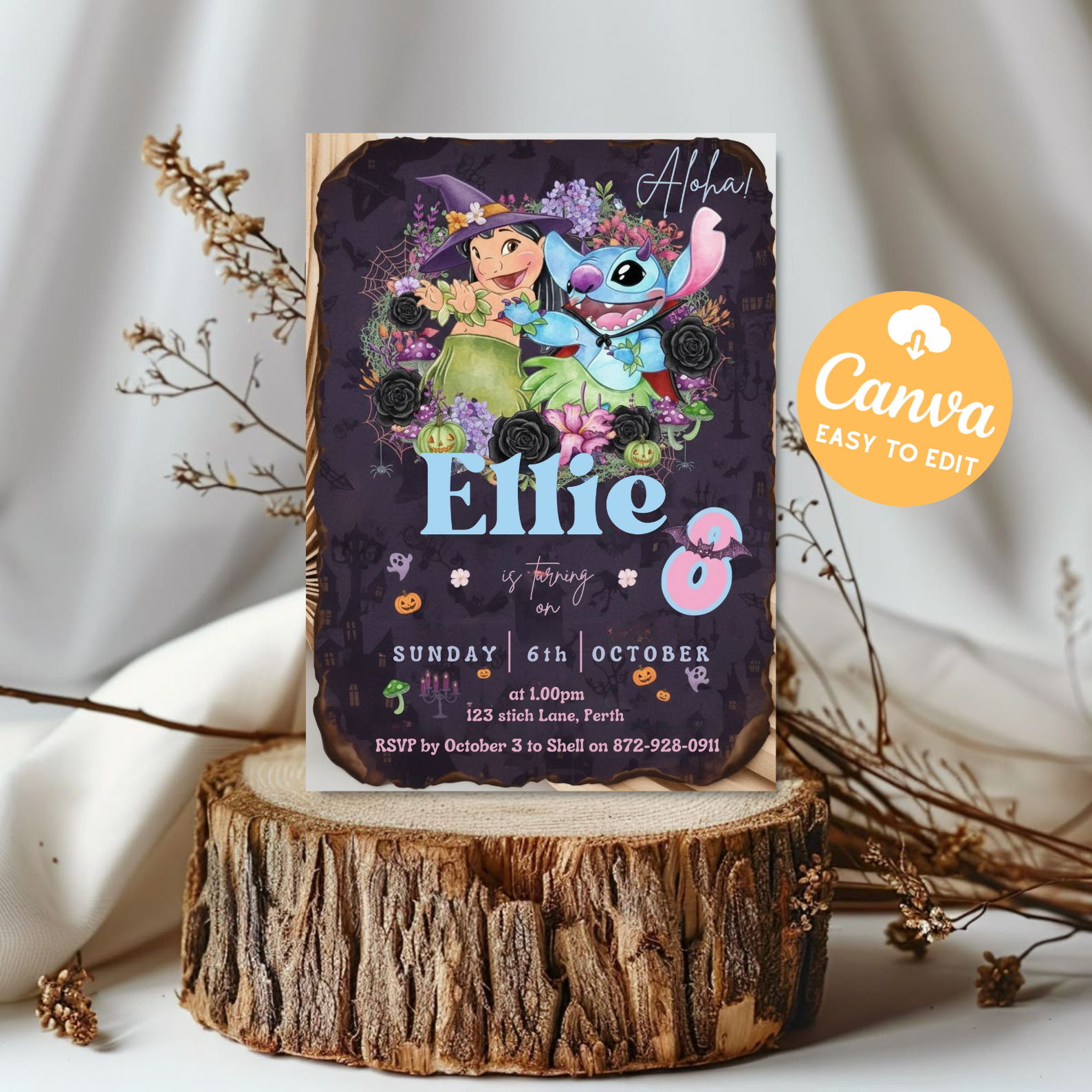 Editable Stitch Birthday Invitation for Girls | Lilo and Stitch Tropical Party Invite | Cute Aloha Hawaiian Beach Invitation | Canva Template Download