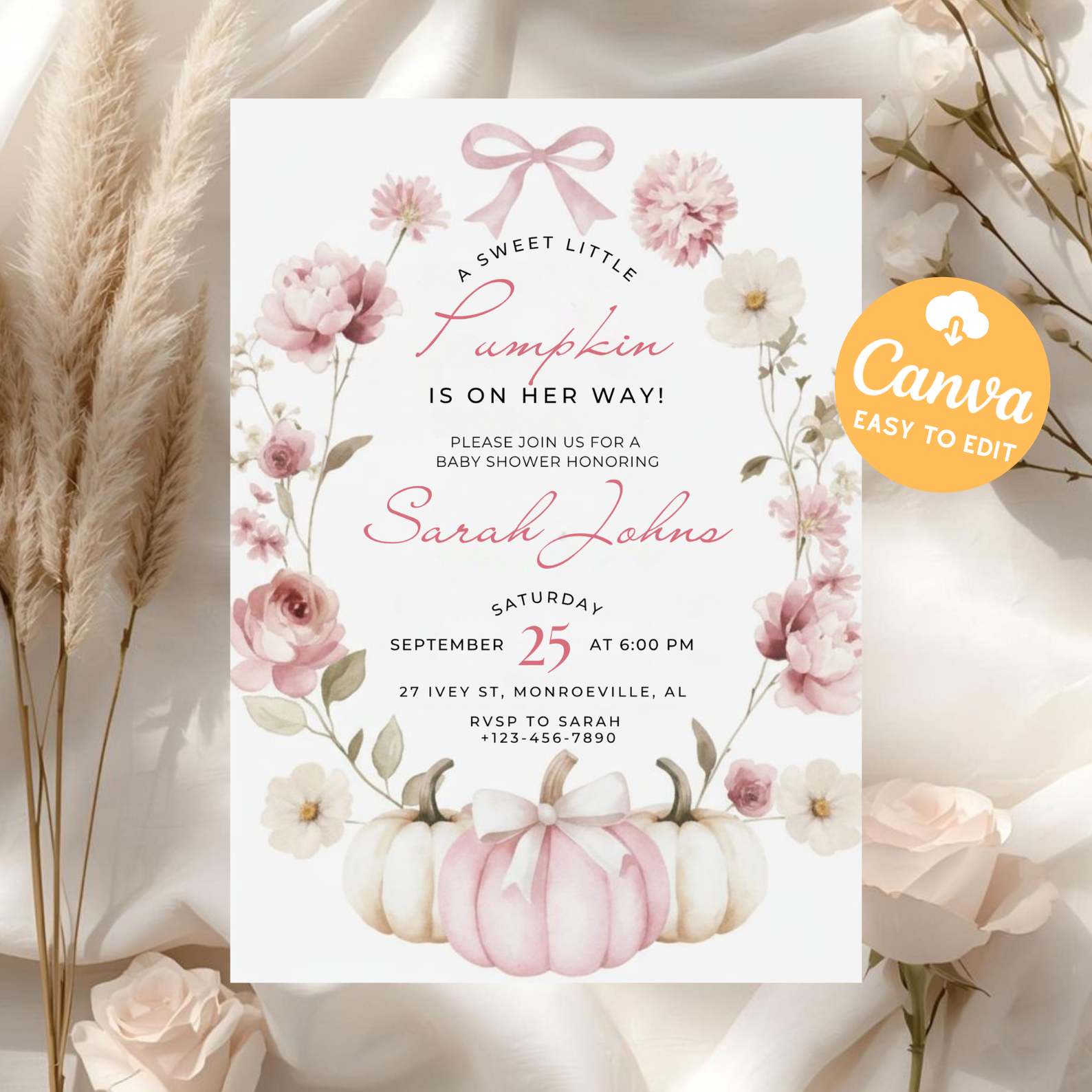 Little Pumpkin Baby Shower Invitation | Pink Pumpkin Girl Baby Shower Invite | Boho Floral Coquette Bow Theme | Editable Canva Template Printable
