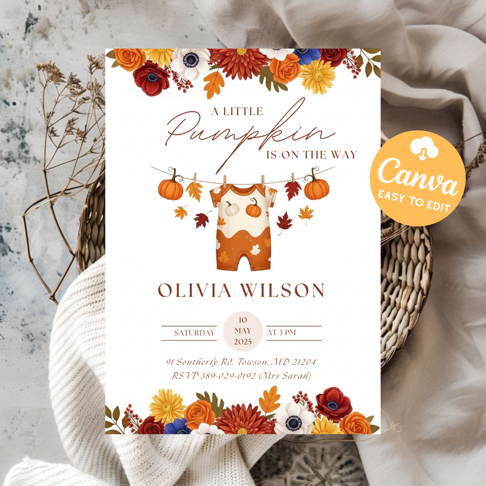 Editable Little Pumpkin Baby Shower Invitation | Baby Girl Fall Shower Invite | Cute Autumn Pumpkin Party Template | Canva Printable Download