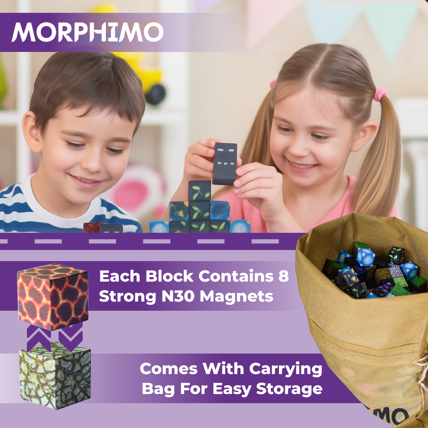 MORPHIMO 450 PCS Magnetic Building Blocks Set - Big STEM & Sensory Toy for Kids - Stacking Magnets - Instruction Book & Fabric Storage Bag - 0.8" Cubes