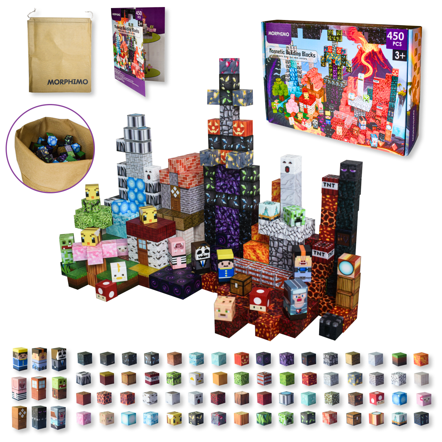 MORPHIMO 450 PCS Magnetic Building Blocks Set - Big STEM & Sensory Toy for Kids - Stacking Magnets - Instruction Book & Fabric Storage Bag - 0.8" Cubes