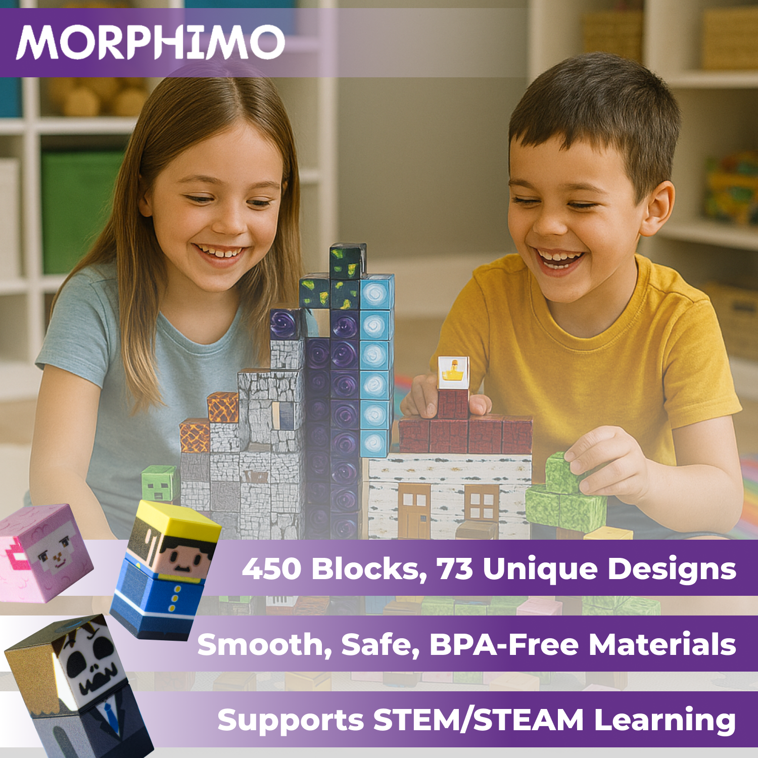 MORPHIMO 450 PCS Magnetic Building Blocks Set - Big STEM & Sensory Toy for Kids - Stacking Magnets - Instruction Book & Fabric Storage Bag - 0.8" Cubes