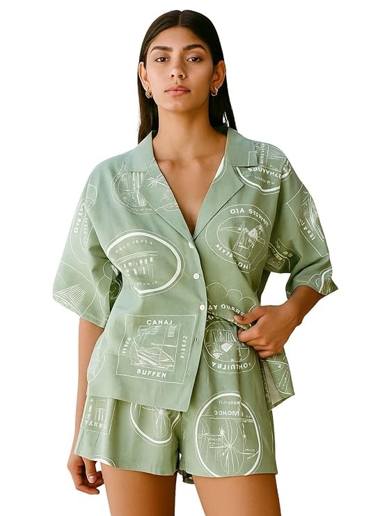 Green Printed Shirt and Shorts Set