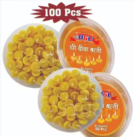 Cow Ghee Diya Batti for Puja, 30 min Burning Time (2 Box Of 50 Pcs.)