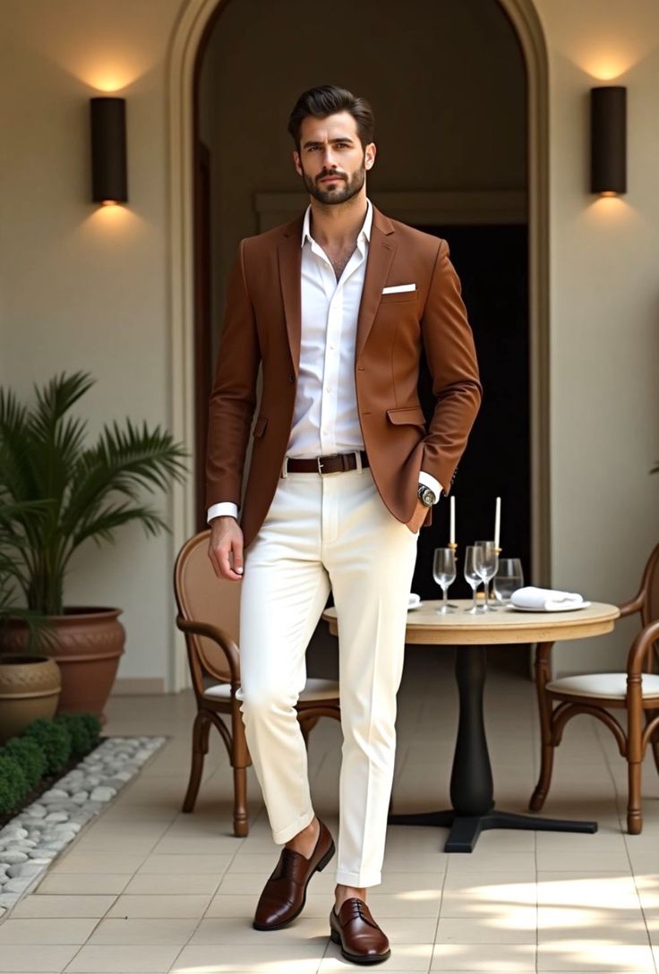 Men's Brown Blazer with White Trousers Set
