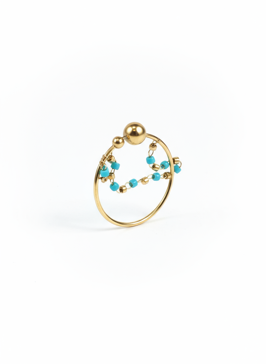 BAGUE ANNEAU PERLES COLOREES DORE BLEU CANARD