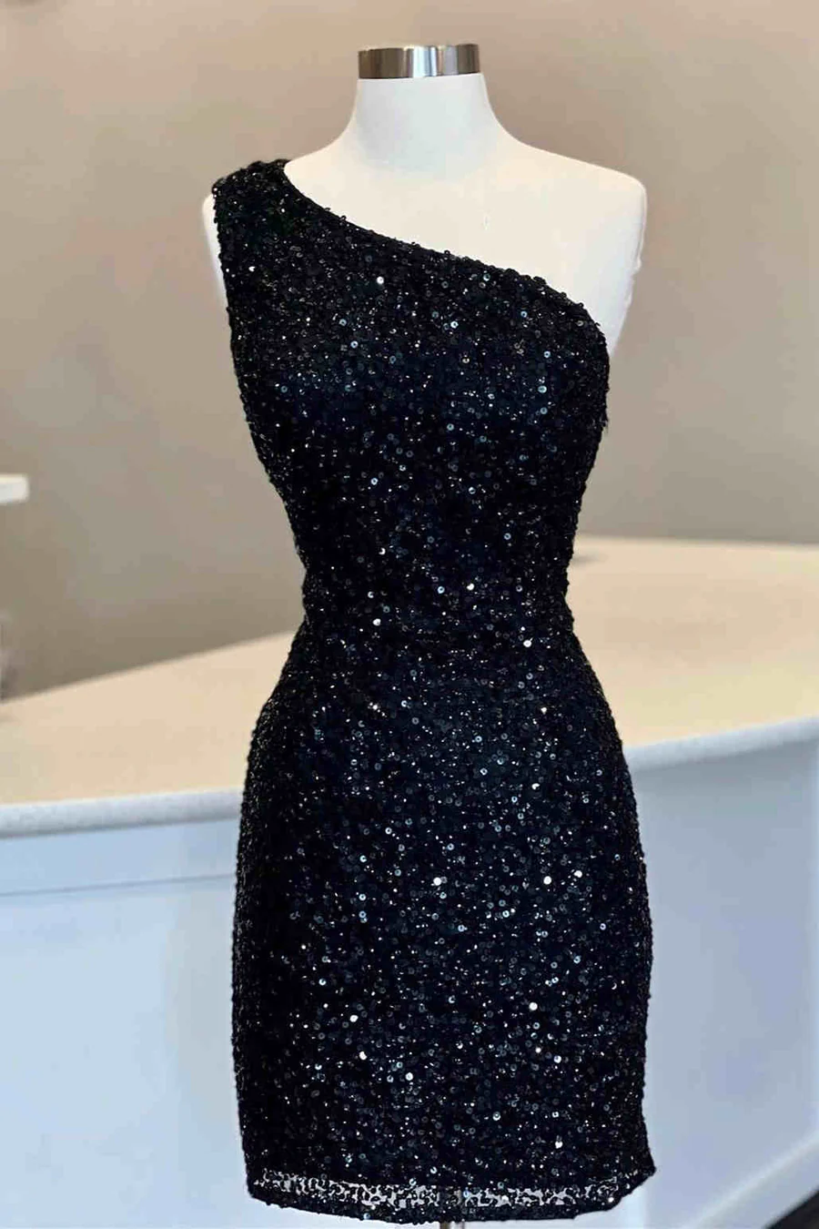 Black Sequin One-Shoulder Dress