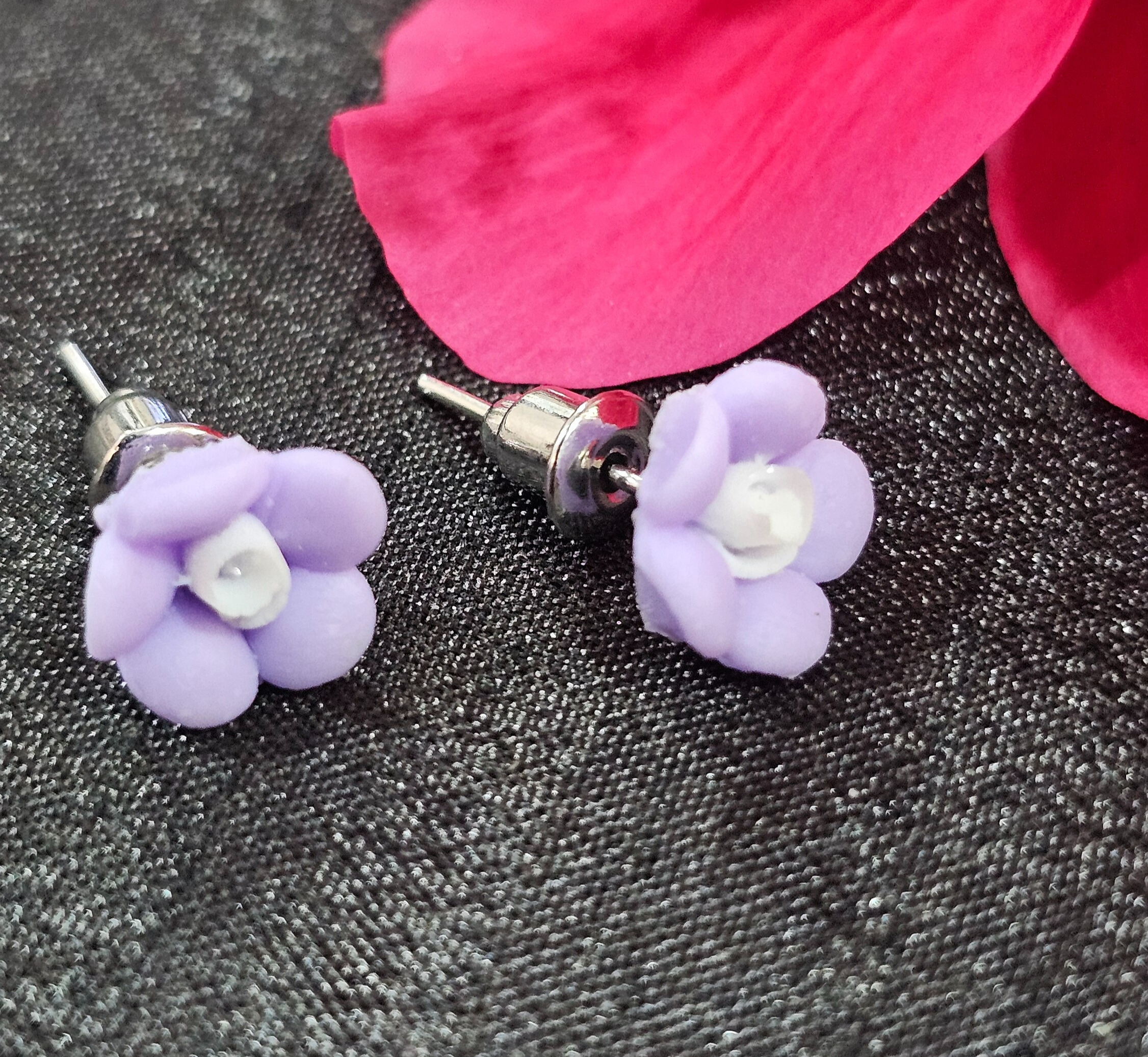 Purple Flower Stud Earrings - Set of 4