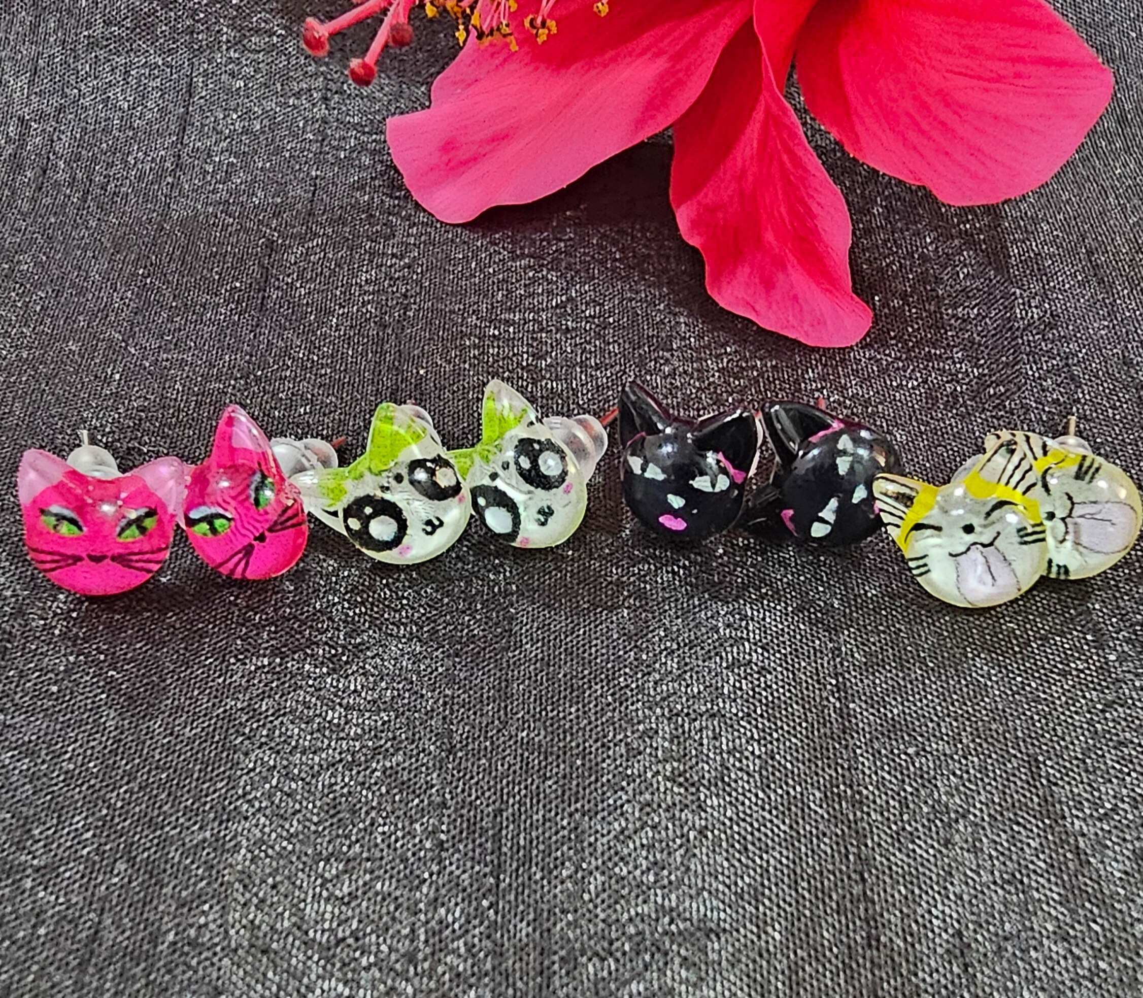 Handmade Cat-themed Stud Earrings - Set of 4