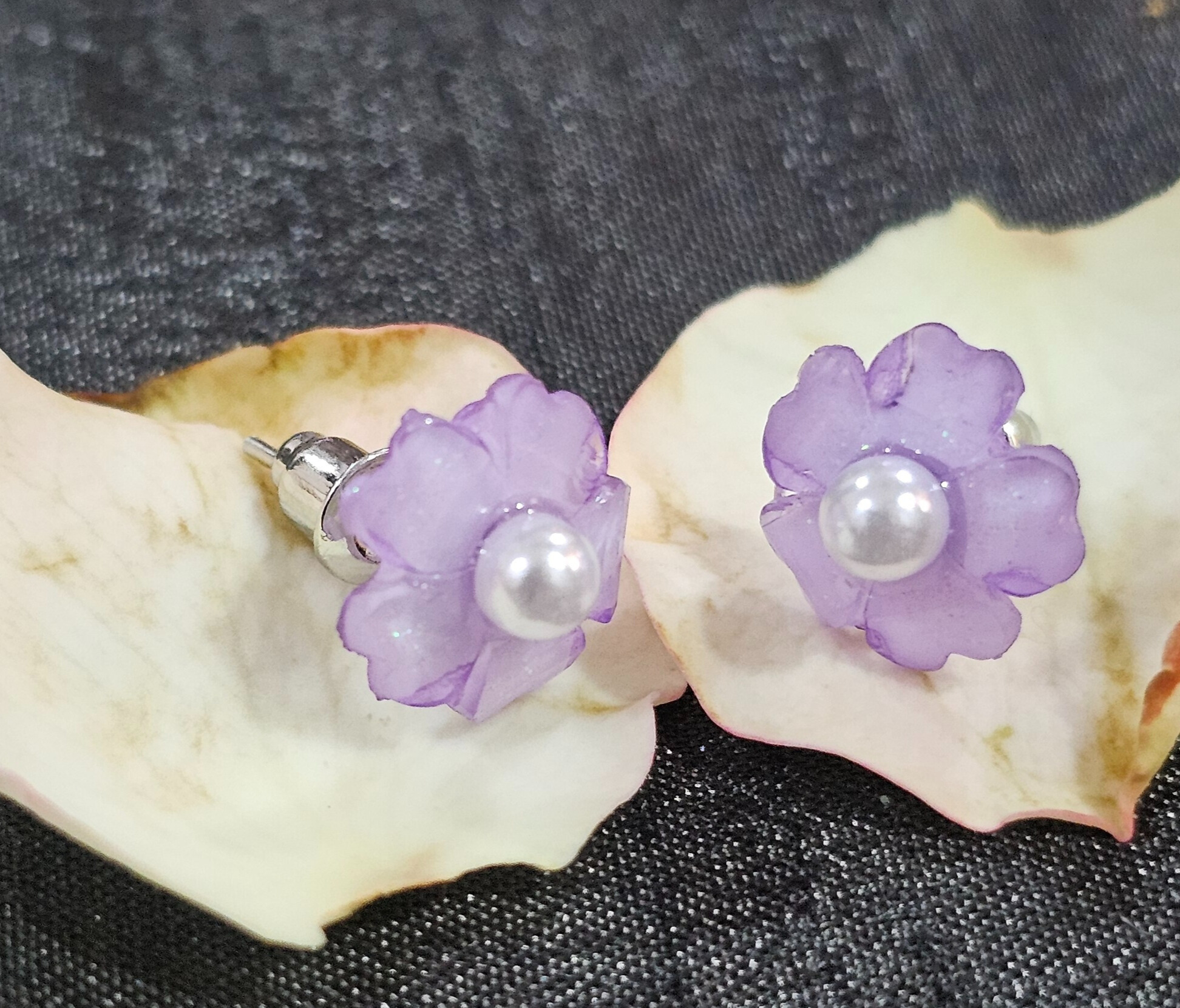 Purple Flower Pearl Earrings - Set of 3