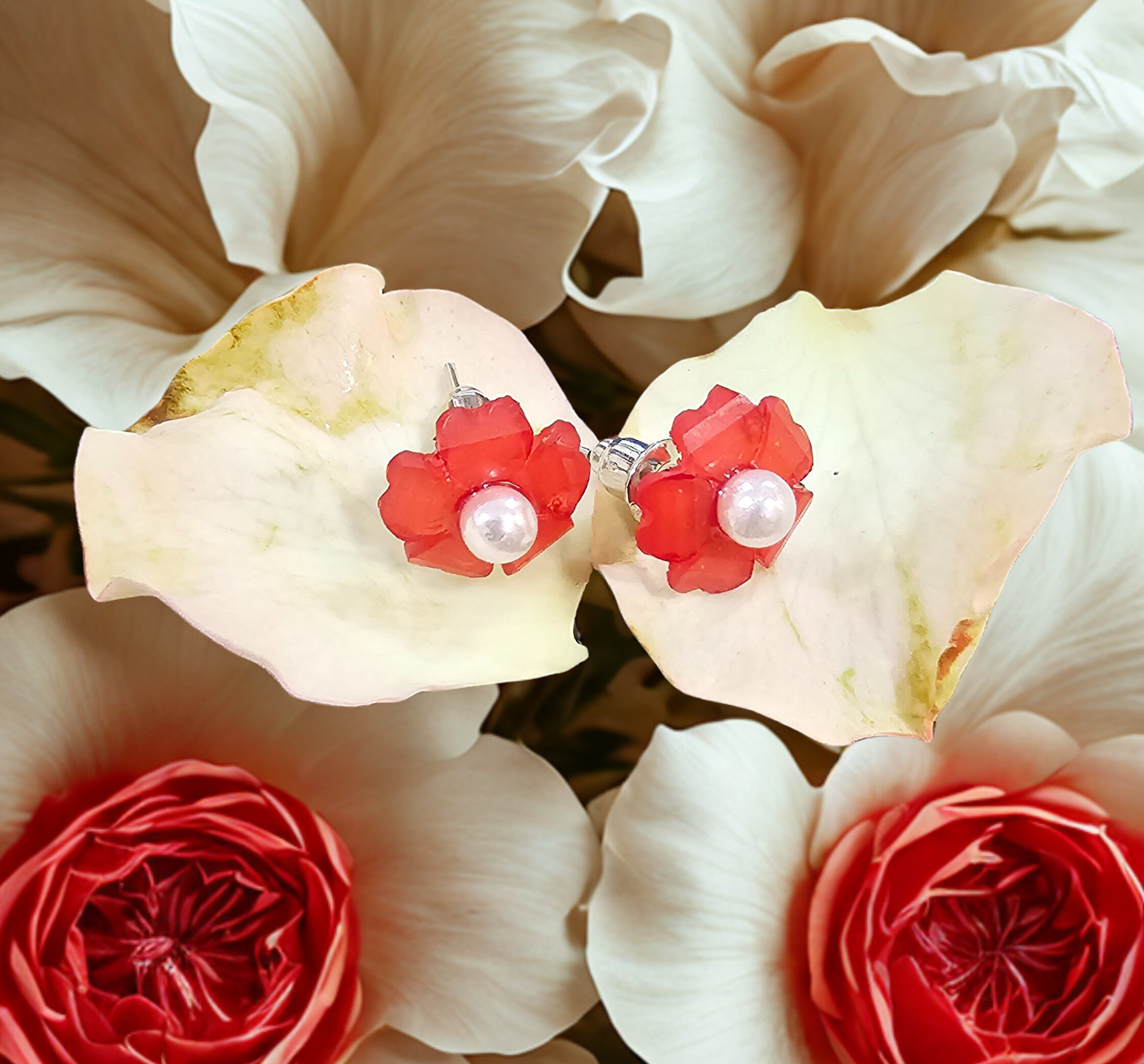 Red Flower Pearl Earrings - Set of 3