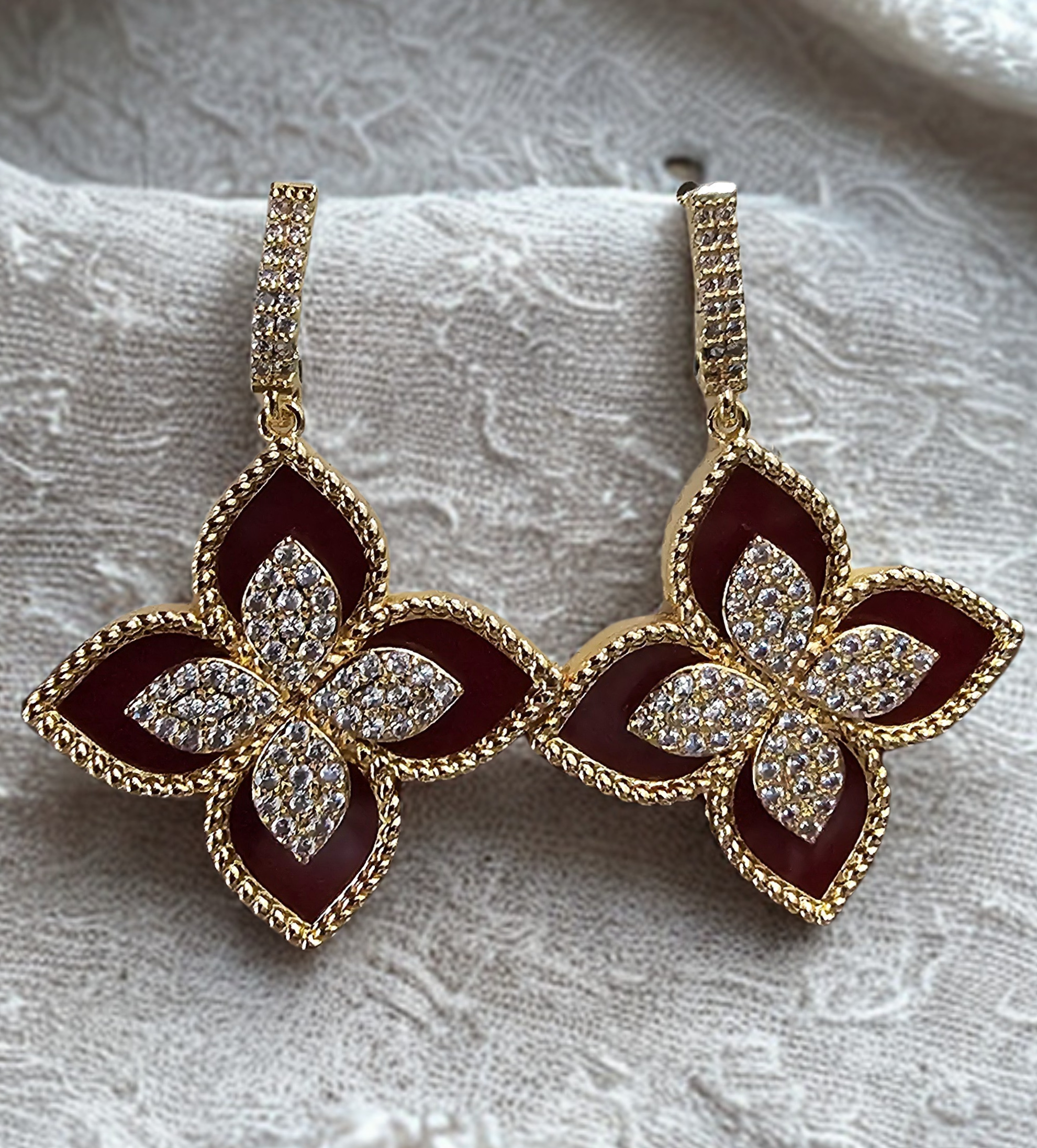 Red Floral Crystal Drop Earrings