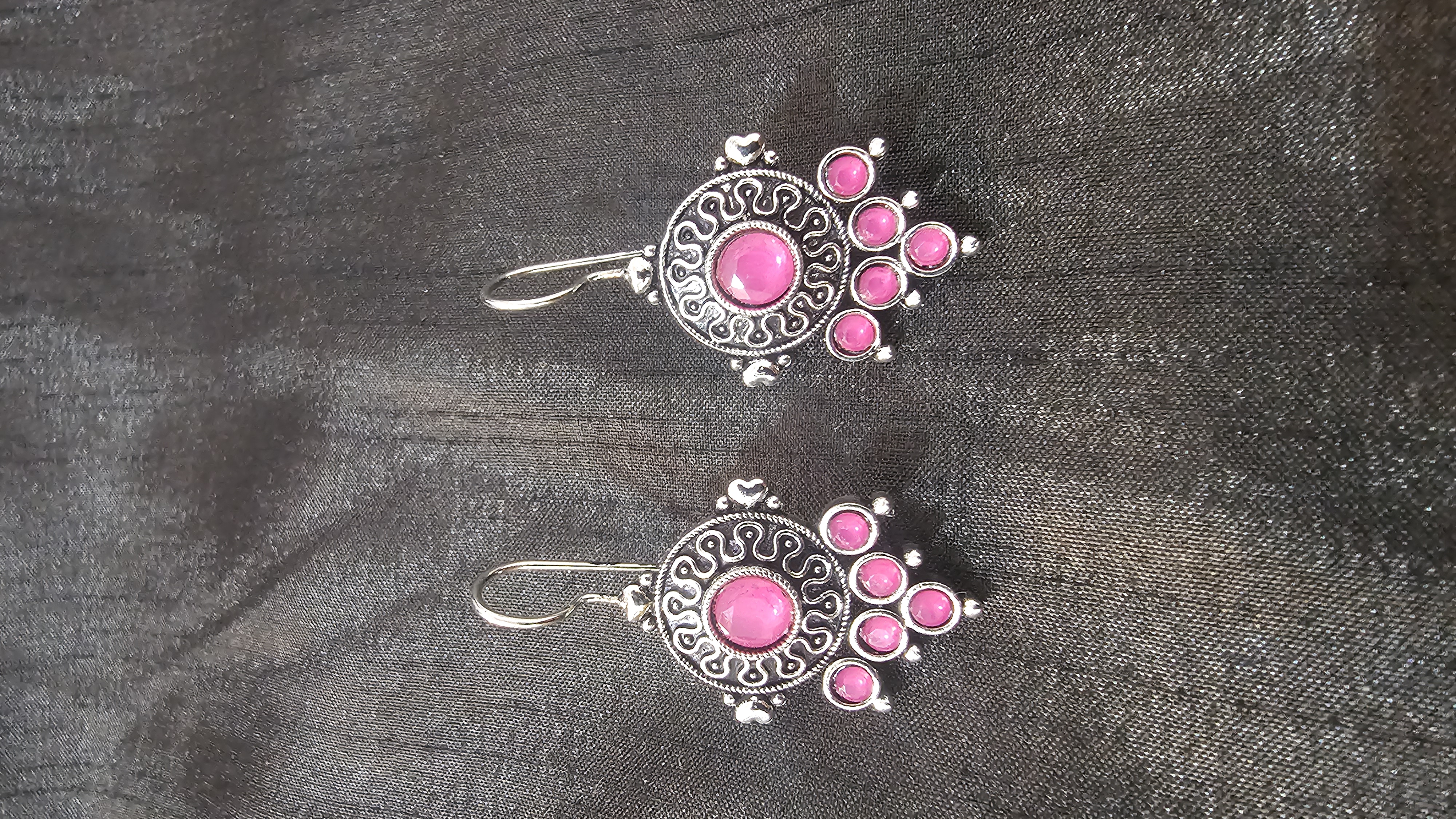 Silver Oxidized Earrings With Pink Stones