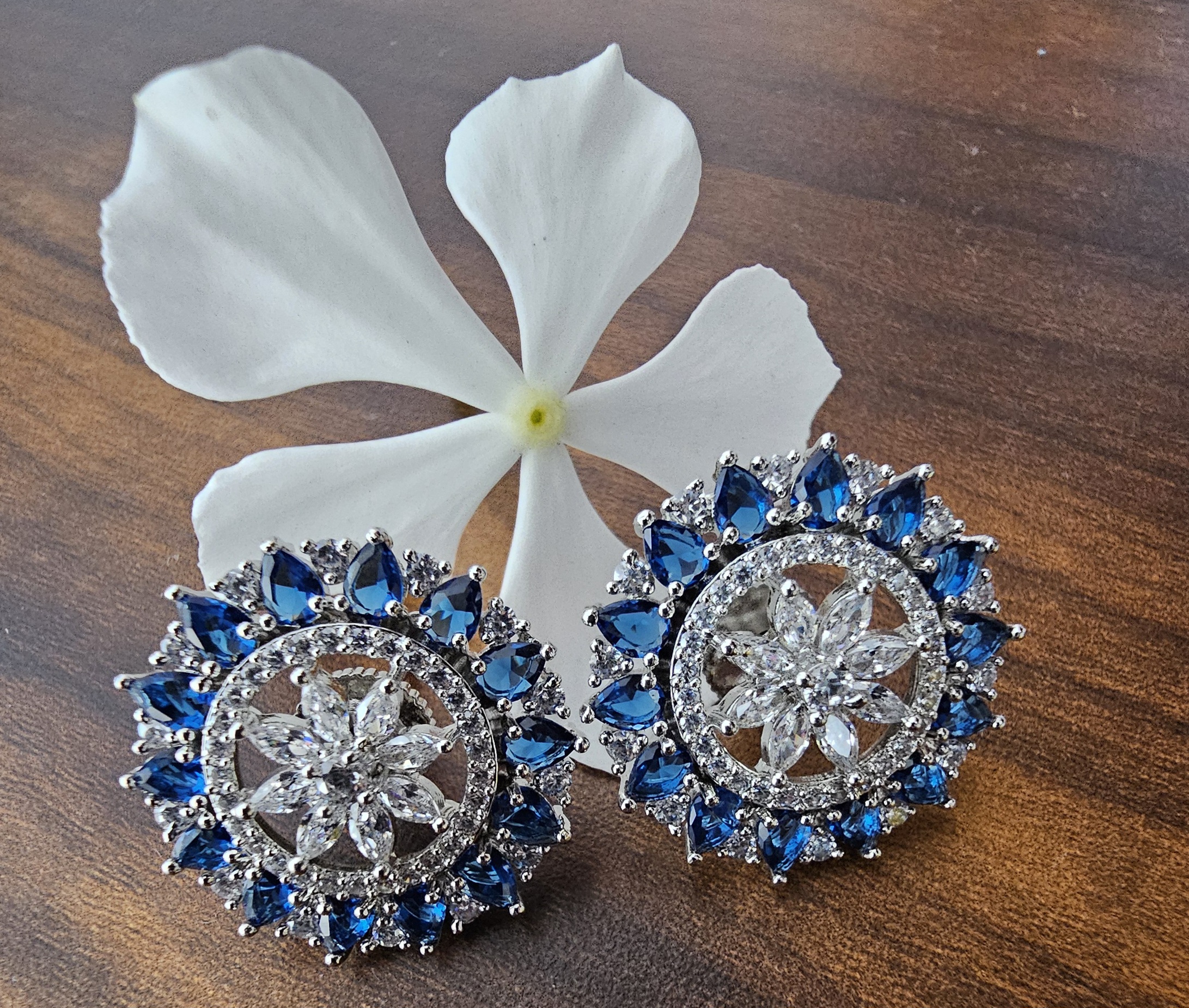 Blue and Silver Floral Stud Earrings
