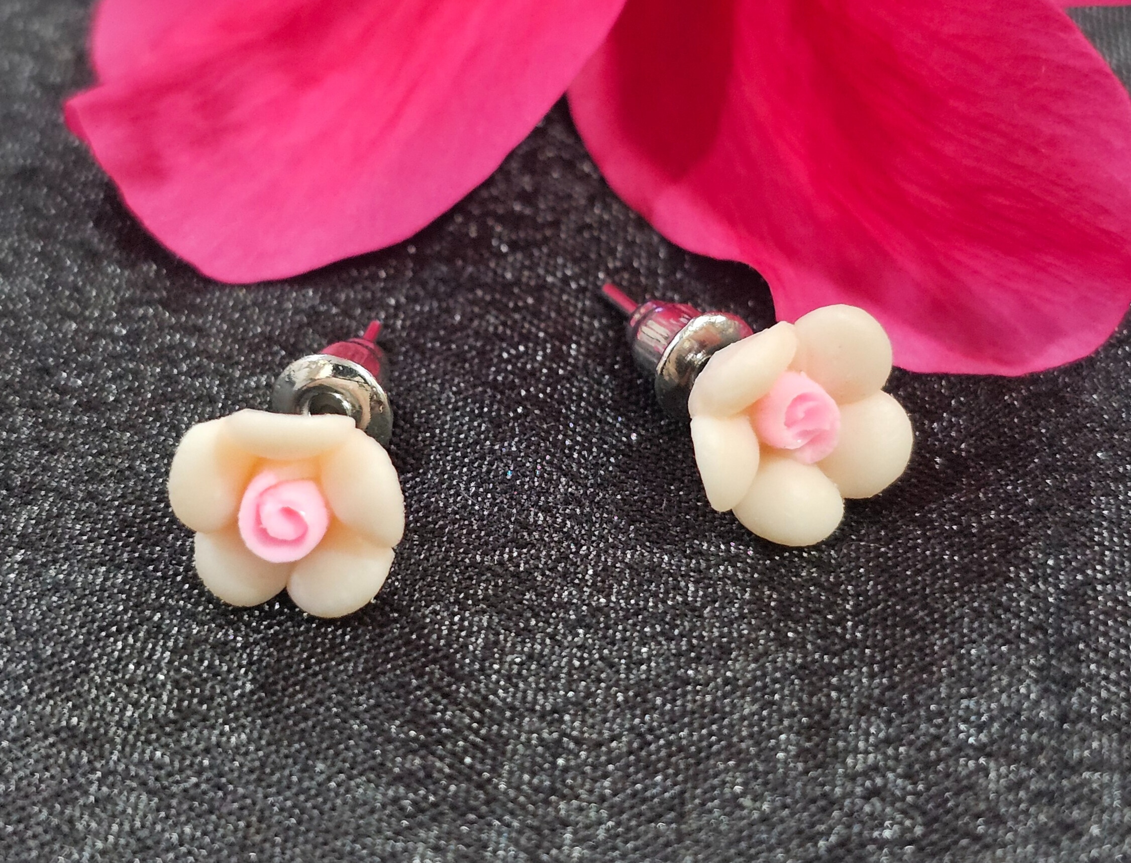 Handmade Pink Rose Stud Earrings - Set of 3