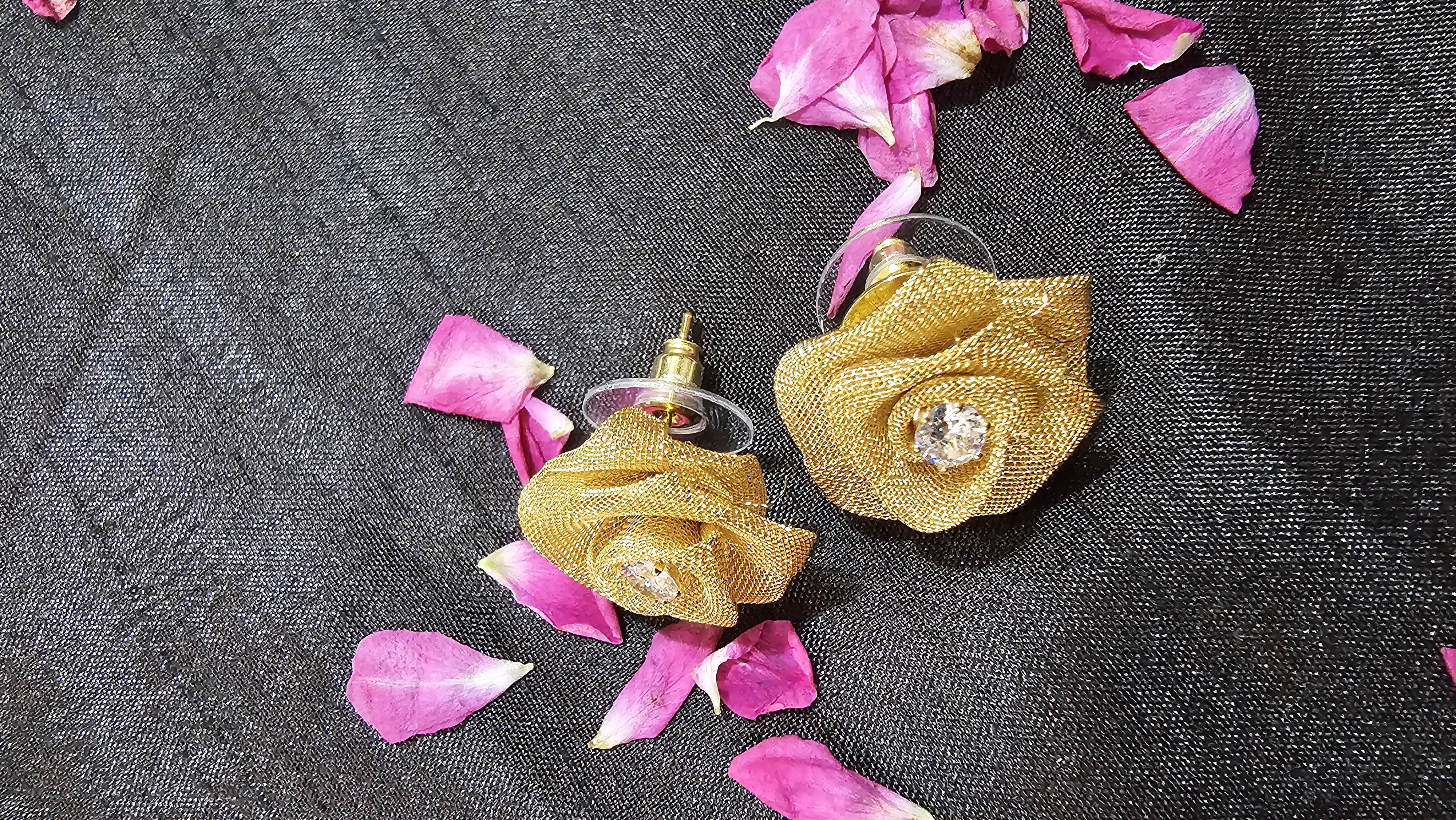 Golden Fabric Flower Earrings