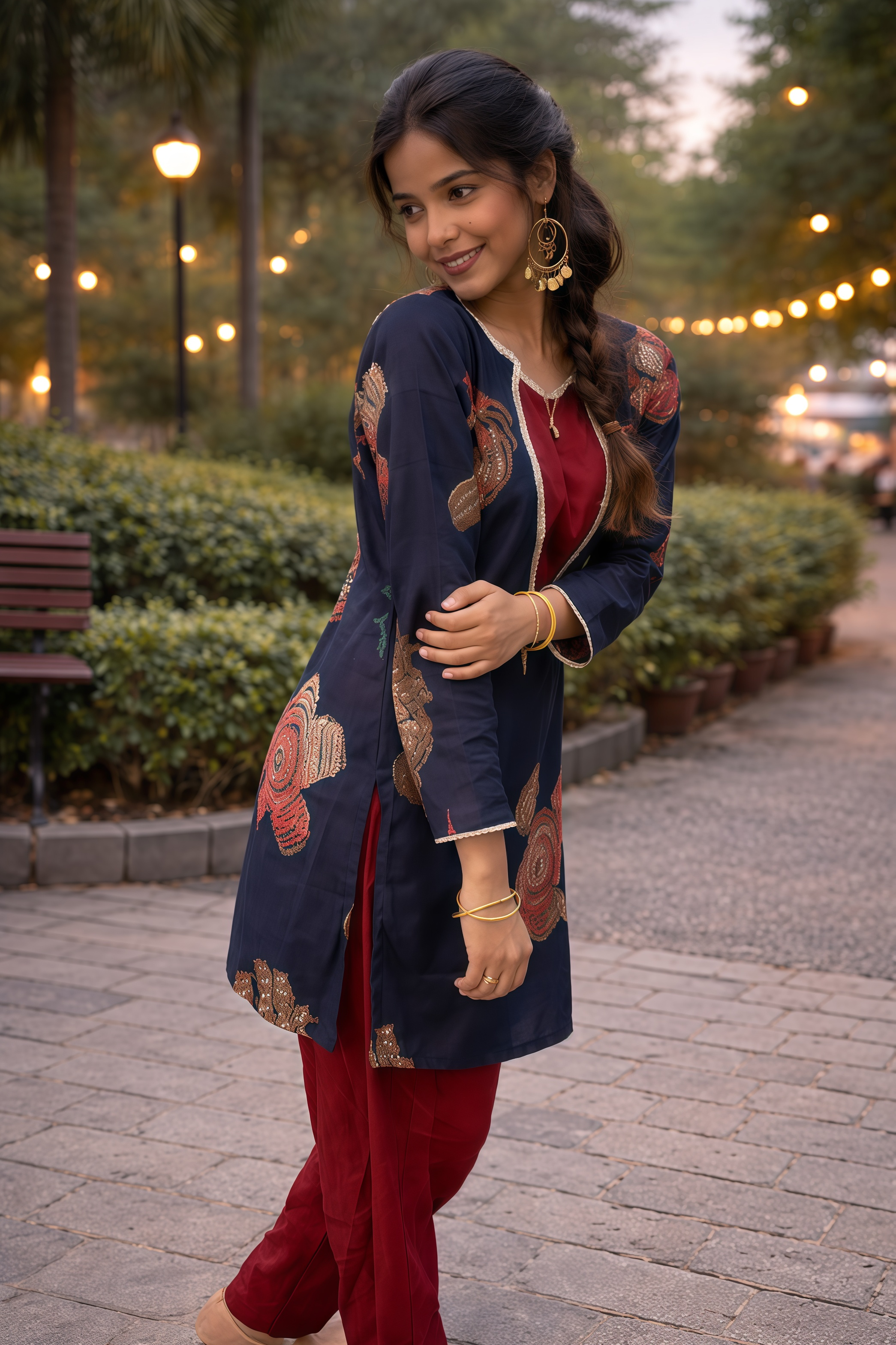 Women’s Navy Blue Floral Printed Kurta with Red Straight Pants