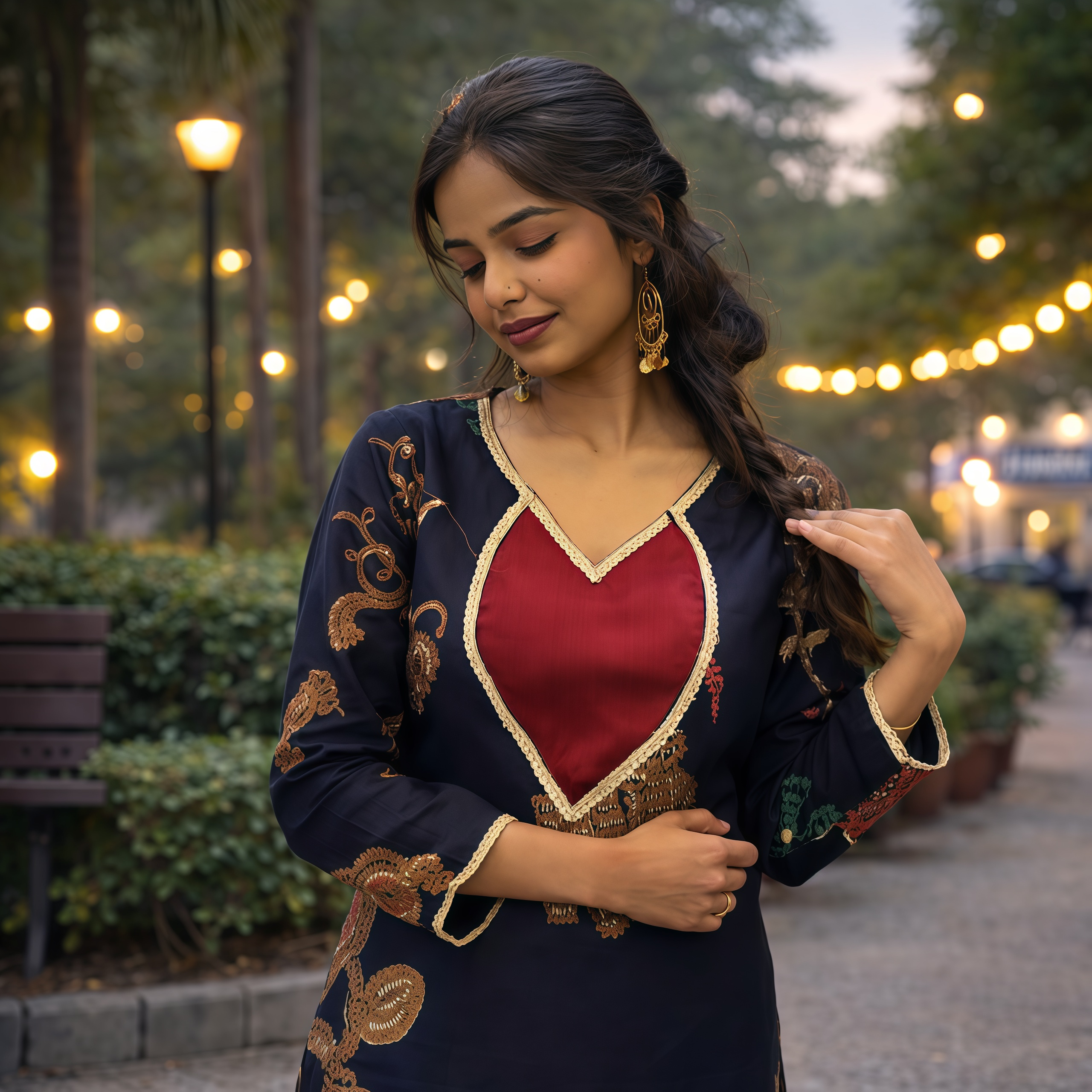 Women’s Navy Blue Floral Printed Kurta with Red Straight Pants