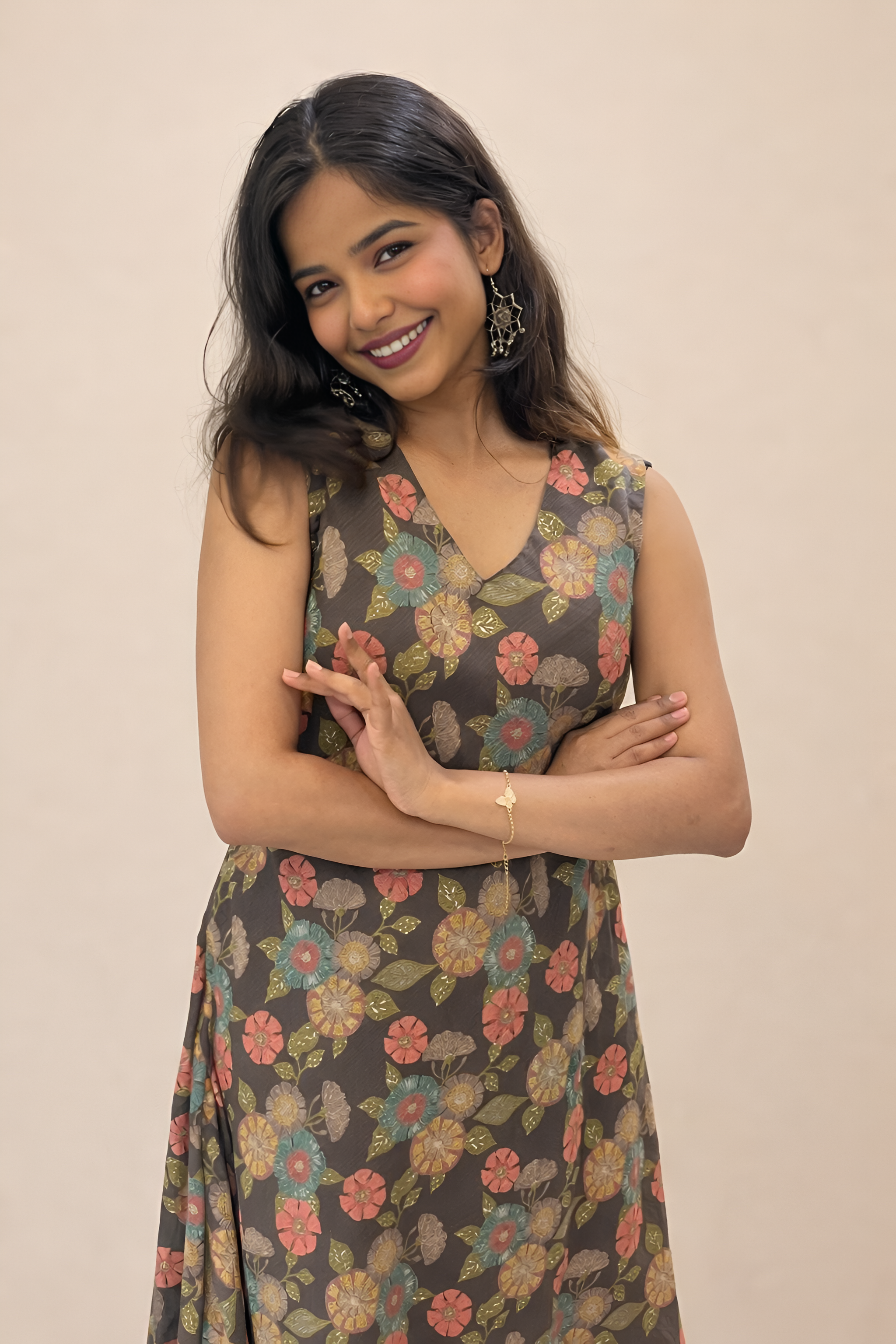 Women’s Brown Floral Printed A-Line Maxi Dress