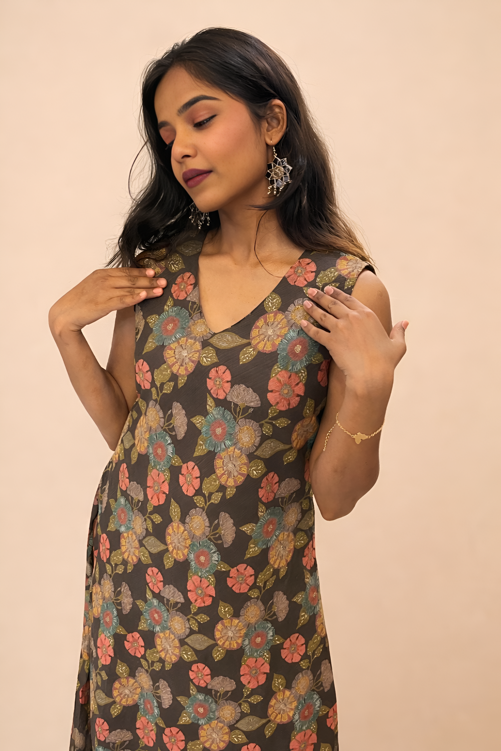 Women’s Brown Floral Printed A-Line Maxi Dress