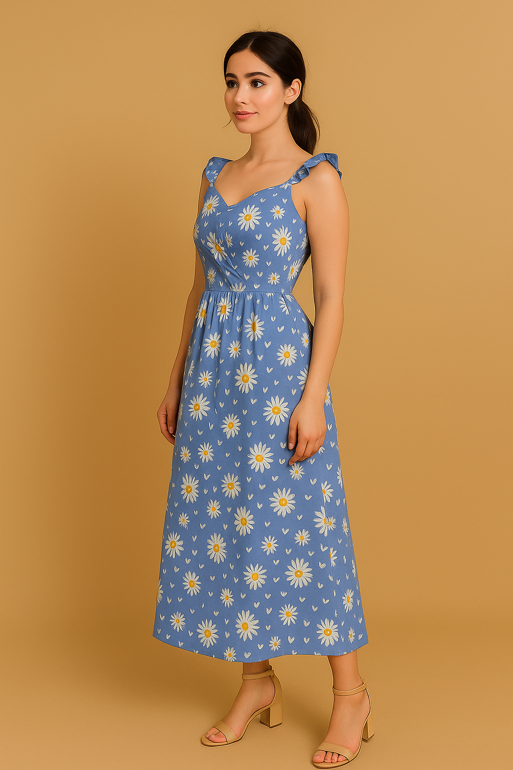 Blue Daisy Print Summer Dress