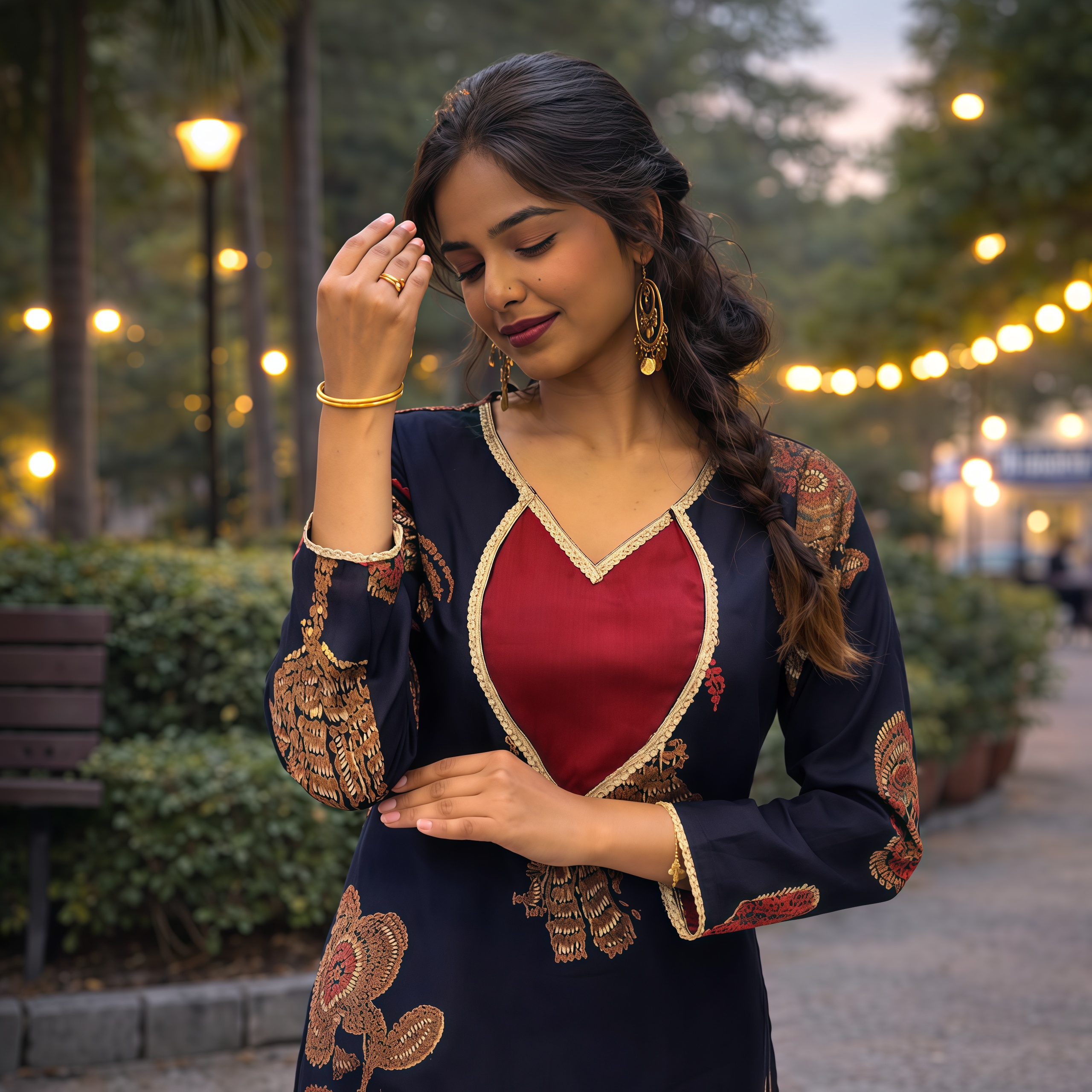 Women’s Navy Blue Floral Printed Kurta with Red Straight Pants