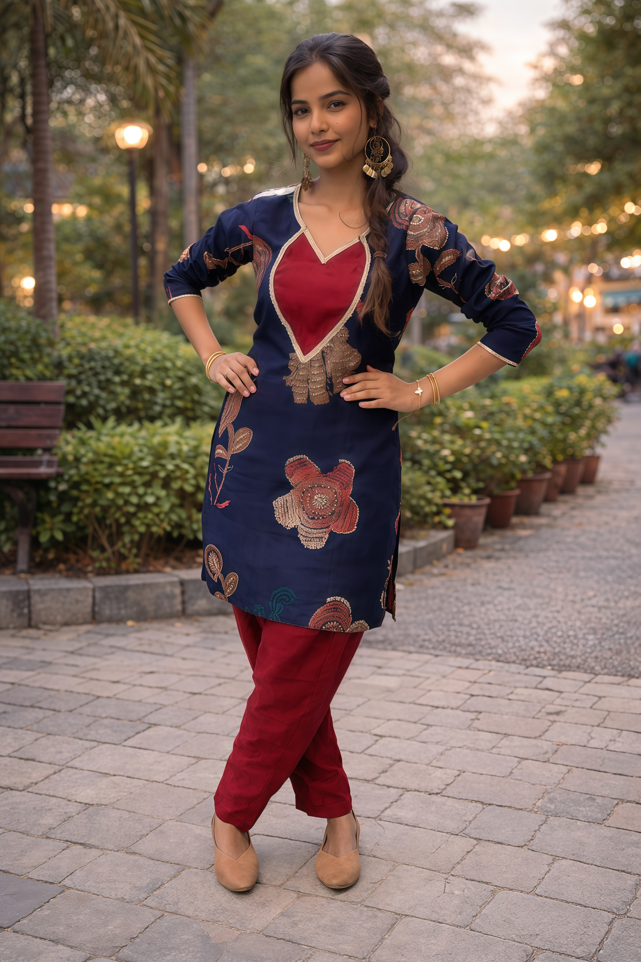 Women’s Navy Blue Floral Printed Kurta with Red Straight Pants