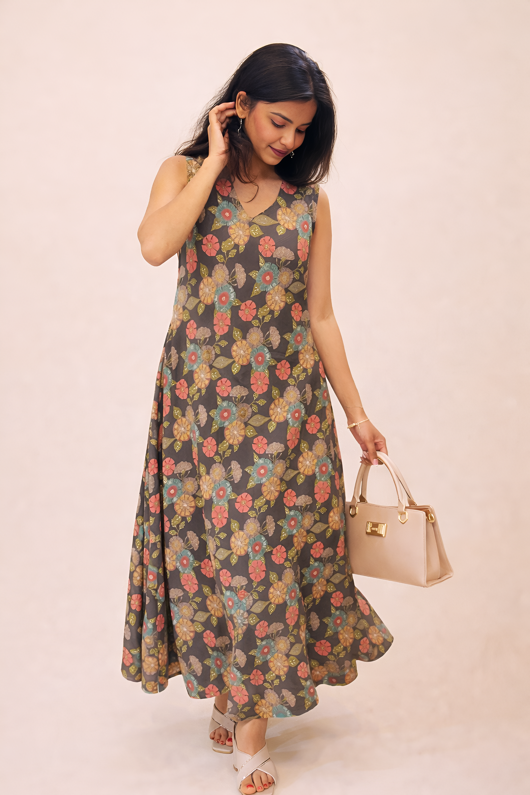 Women’s Brown Floral Printed A-Line Maxi Dress